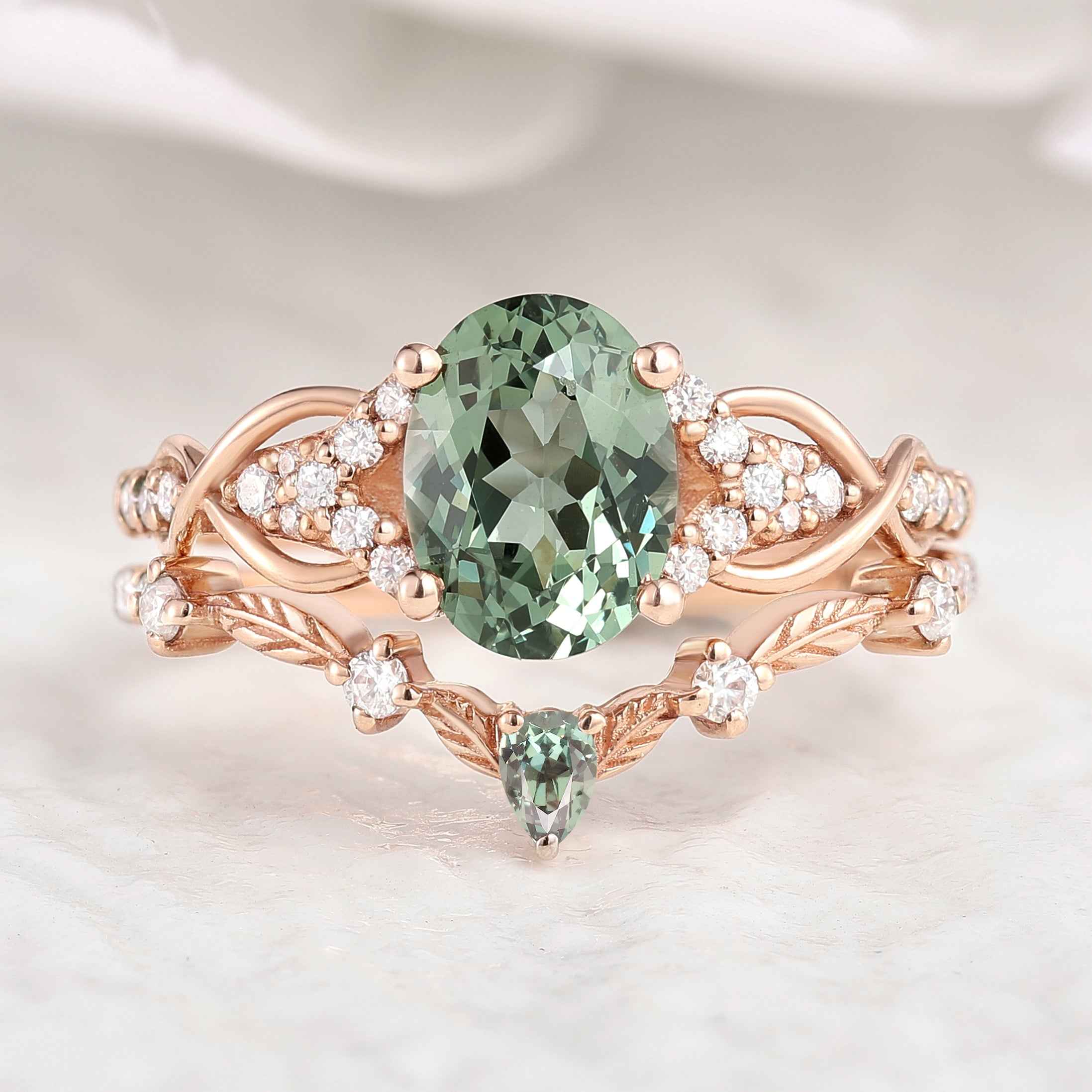 Unique Oval Cut Green Sapphire Engagement Ring Set Leafy Wedding Band