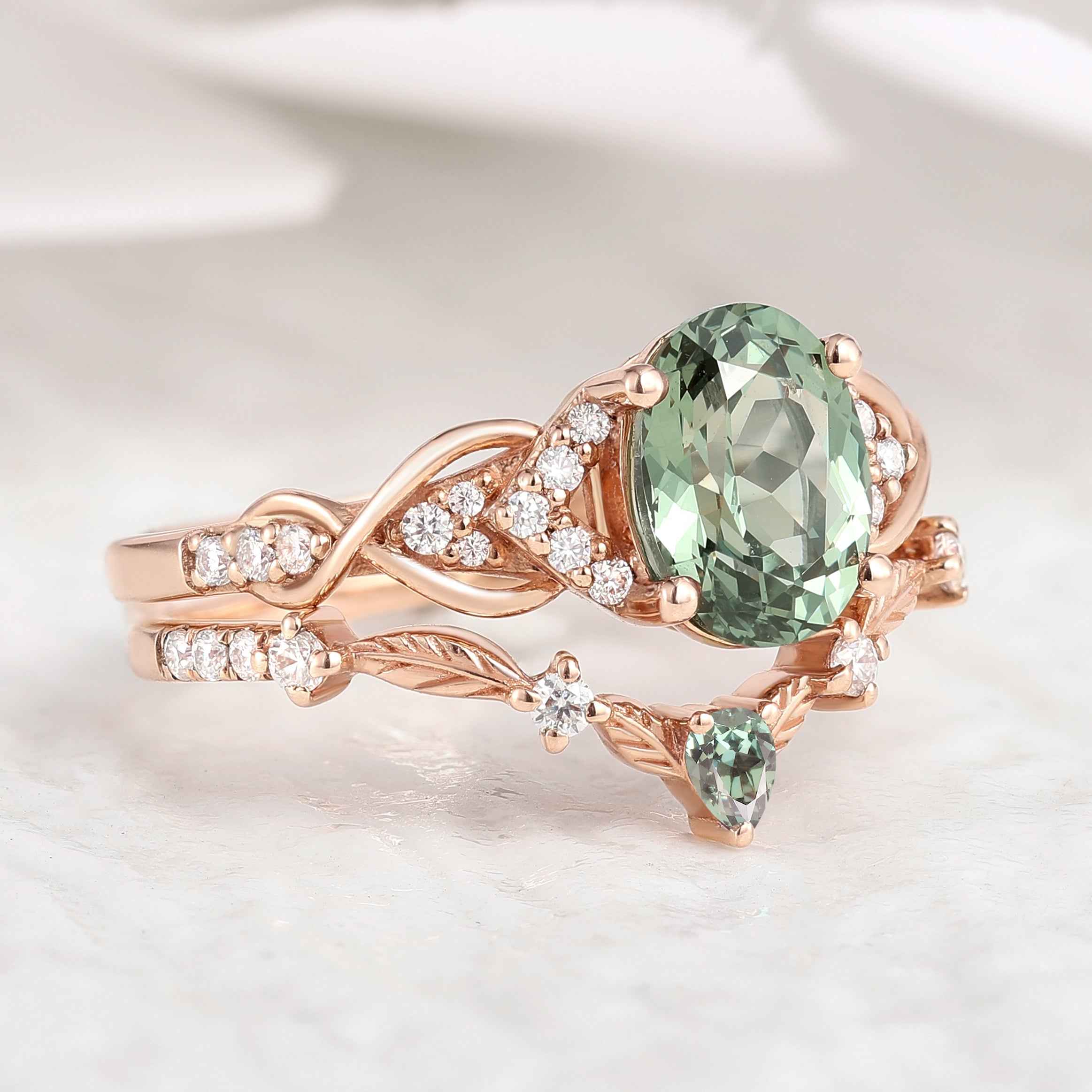 Unique Oval Cut Green Sapphire Engagement Ring Set Leafy Wedding Band