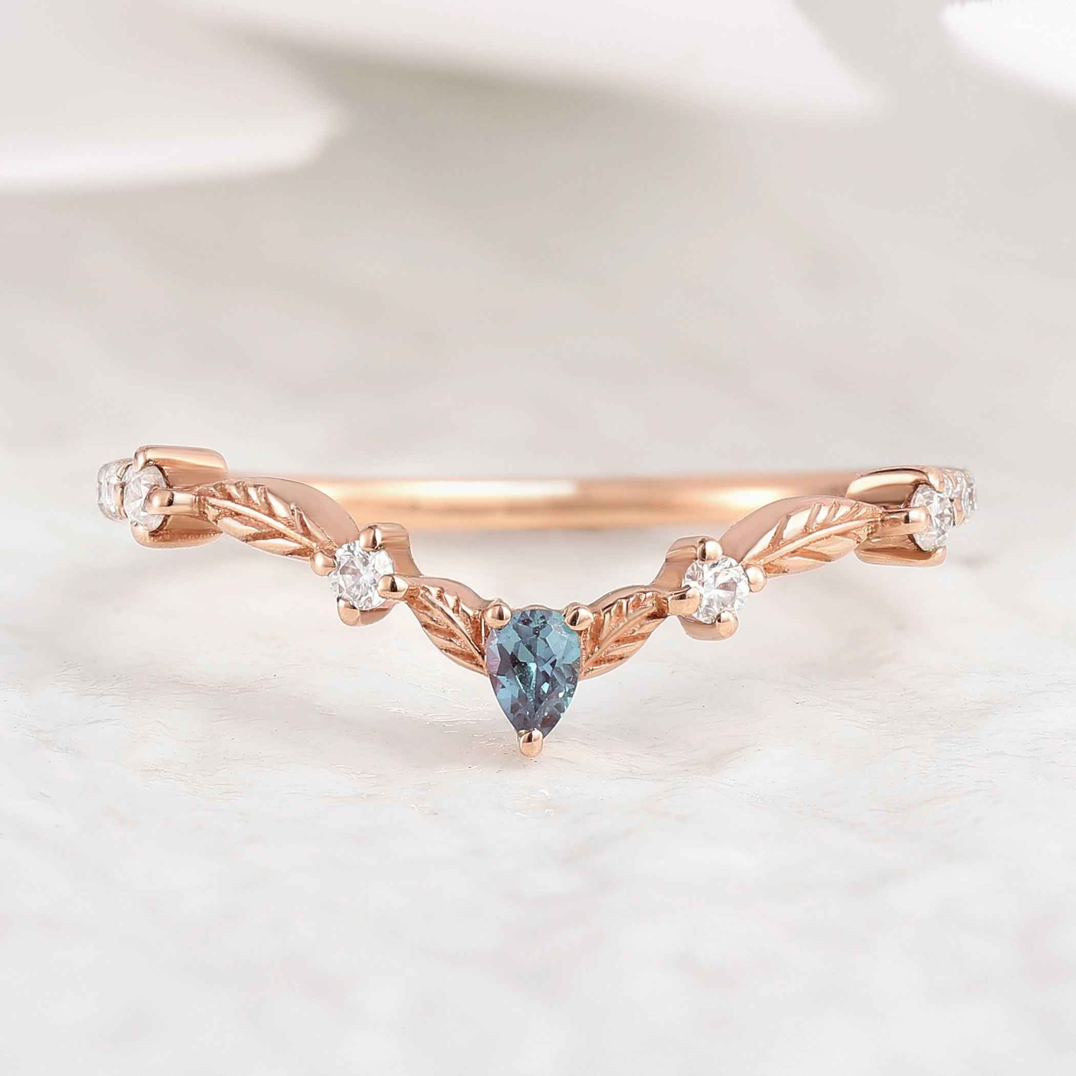 Marquise Cut Alexandrite Nature Inspired Leafy Wedding Ring