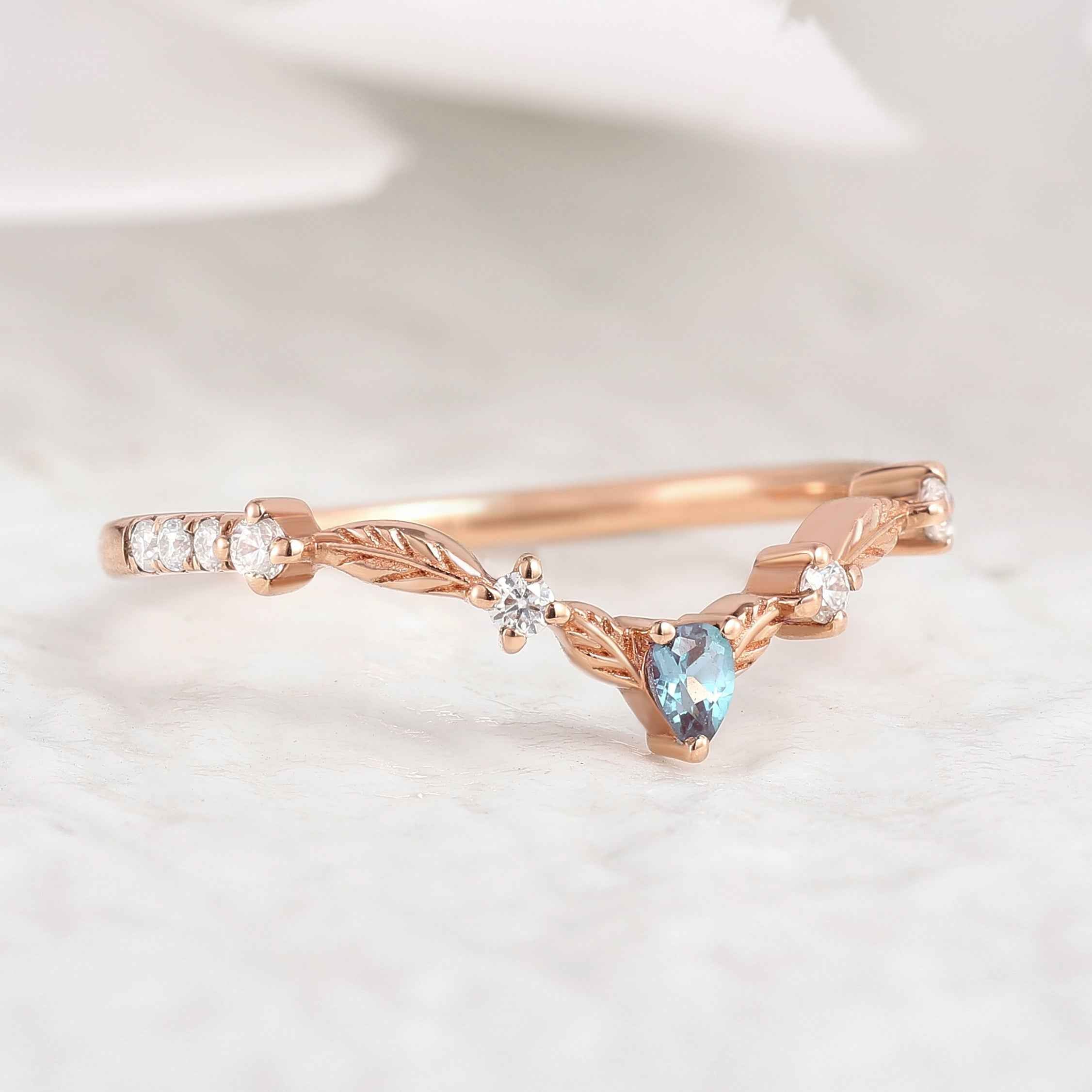 Marquise Cut Alexandrite Nature Inspired Leafy Wedding Ring