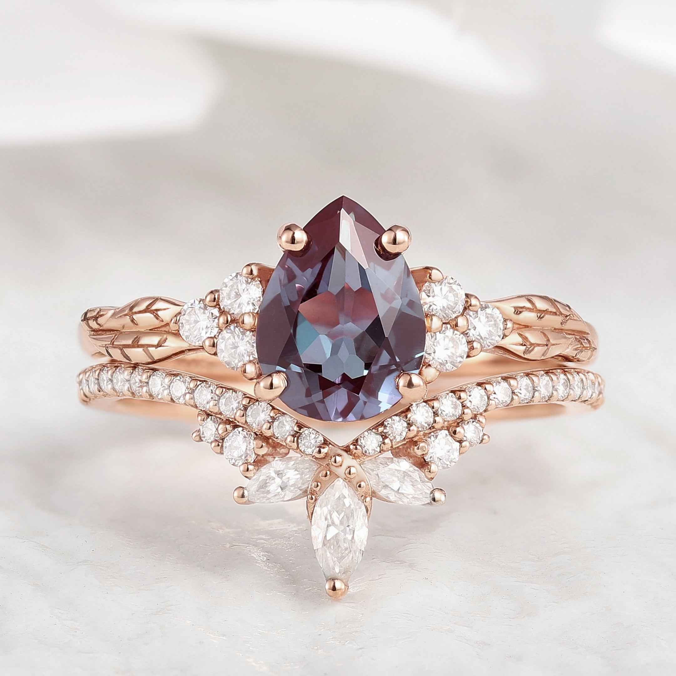 Classic Pear Cut Alexandrite Engagement Ring Set Half Eternity Moissanite Wedding Band