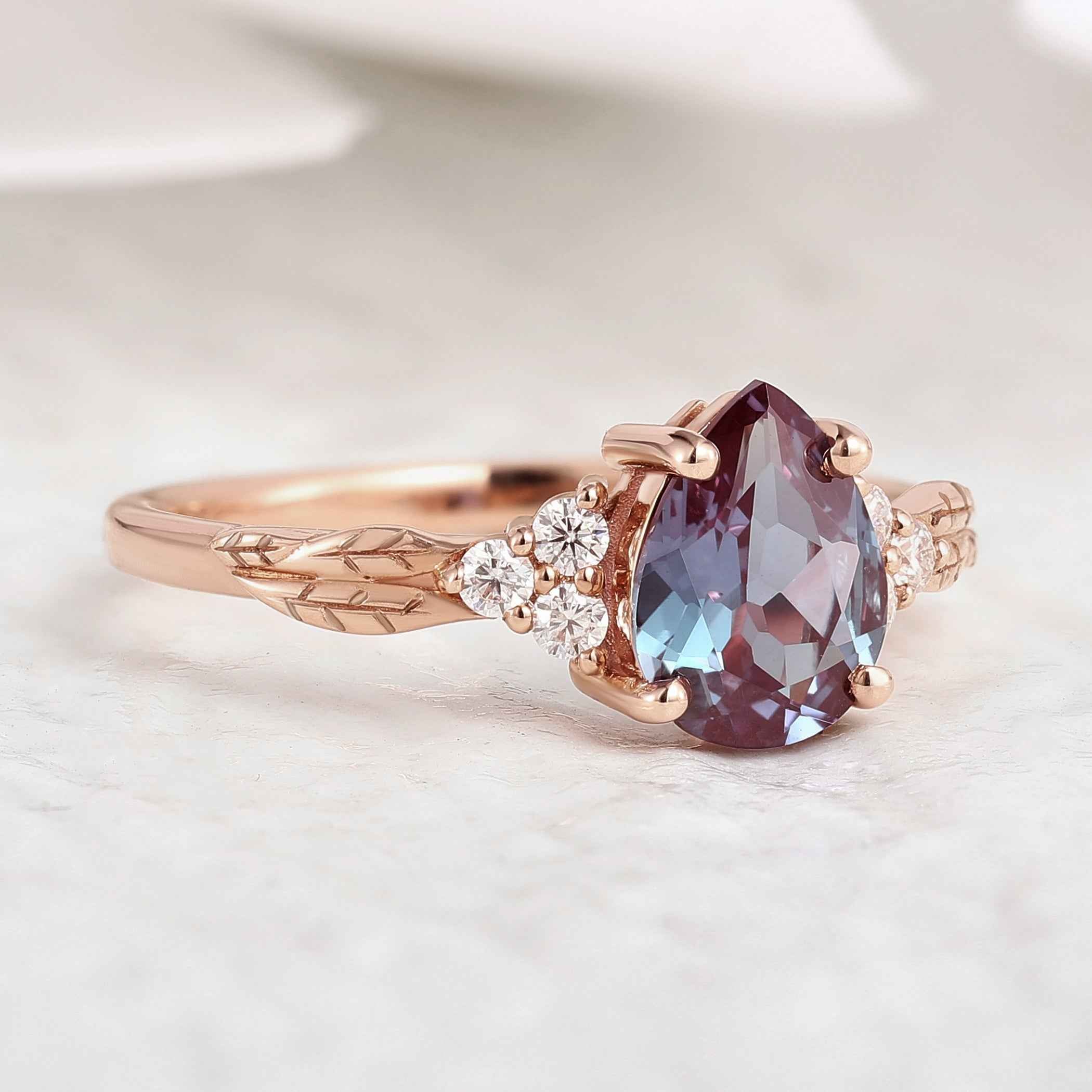 Nature Inspired Leafy Pear Cut Alexandrite Engagement Ring