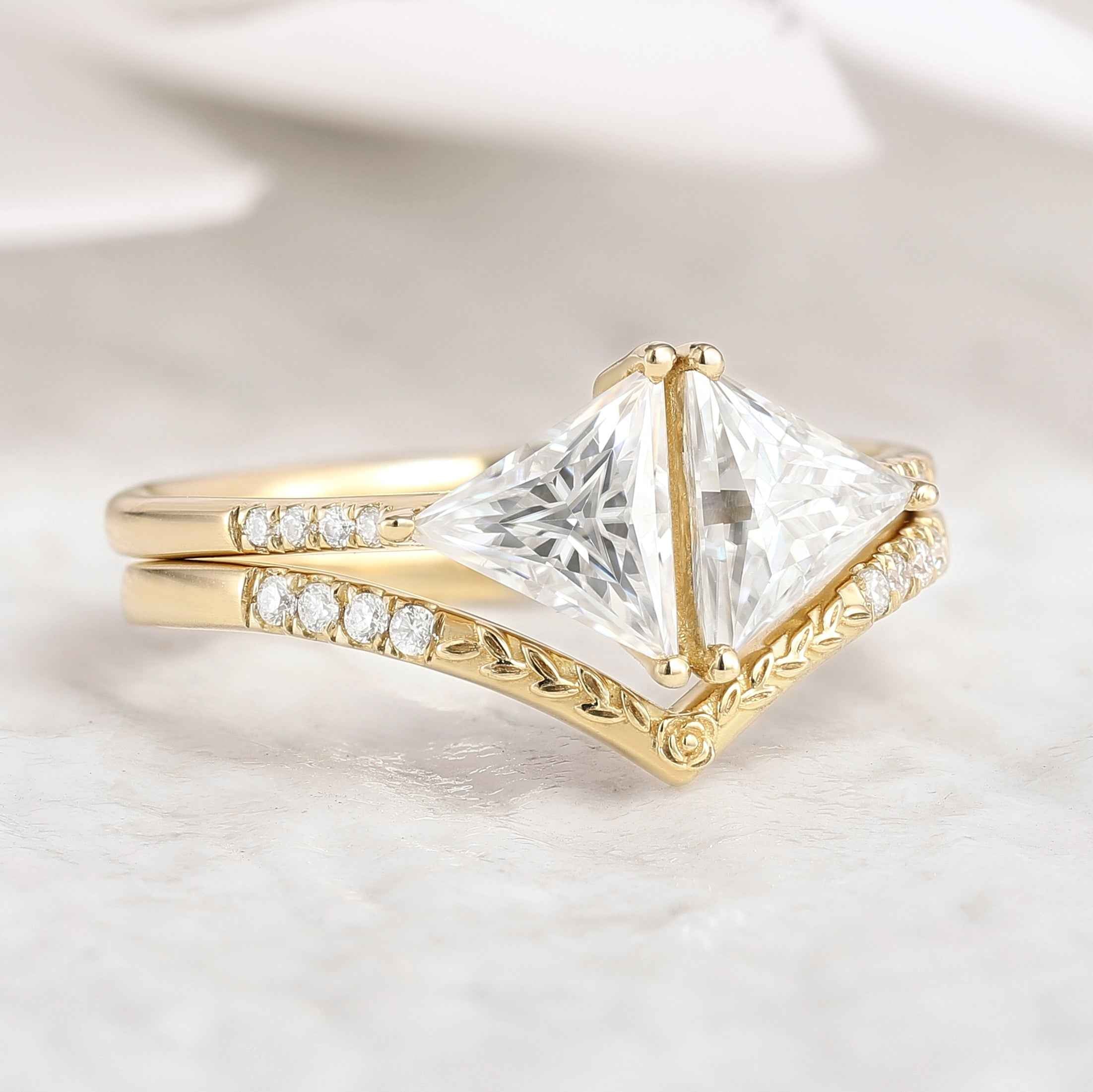 Unique Design Triangle Moissanite Bridal Set Chervon Yellow Gold Wedding Ring