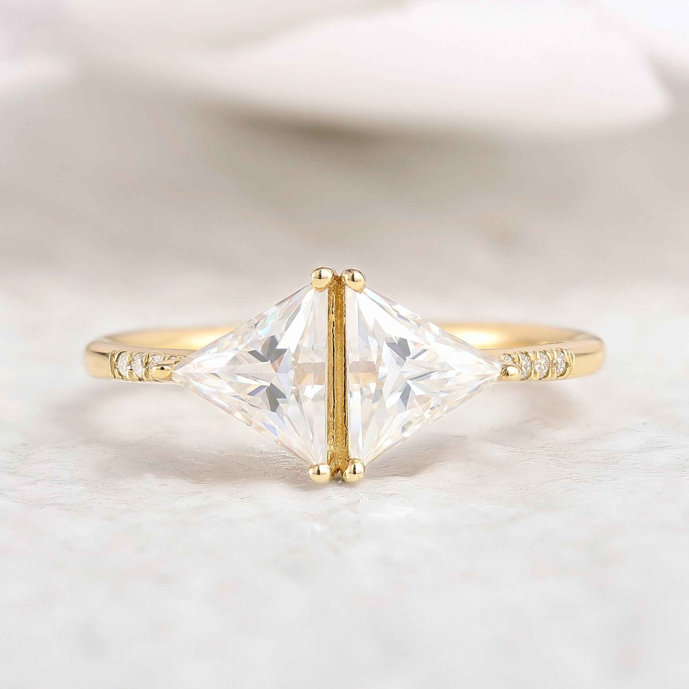 Unique Design Two Triangles Moissanite Engagement Ring Yellow Gold