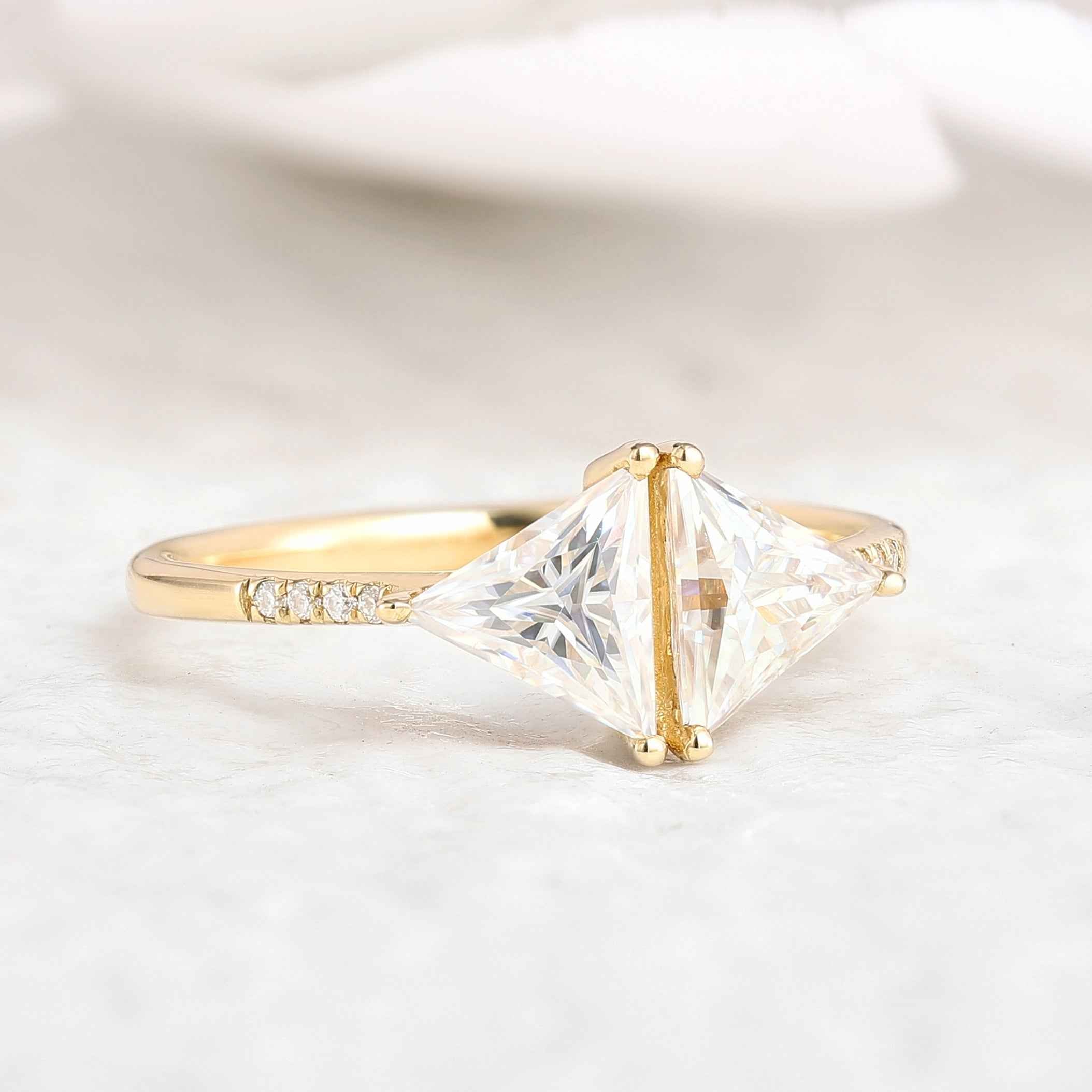 Unique Design Two Triangles Moissanite Engagement Ring Yellow Gold