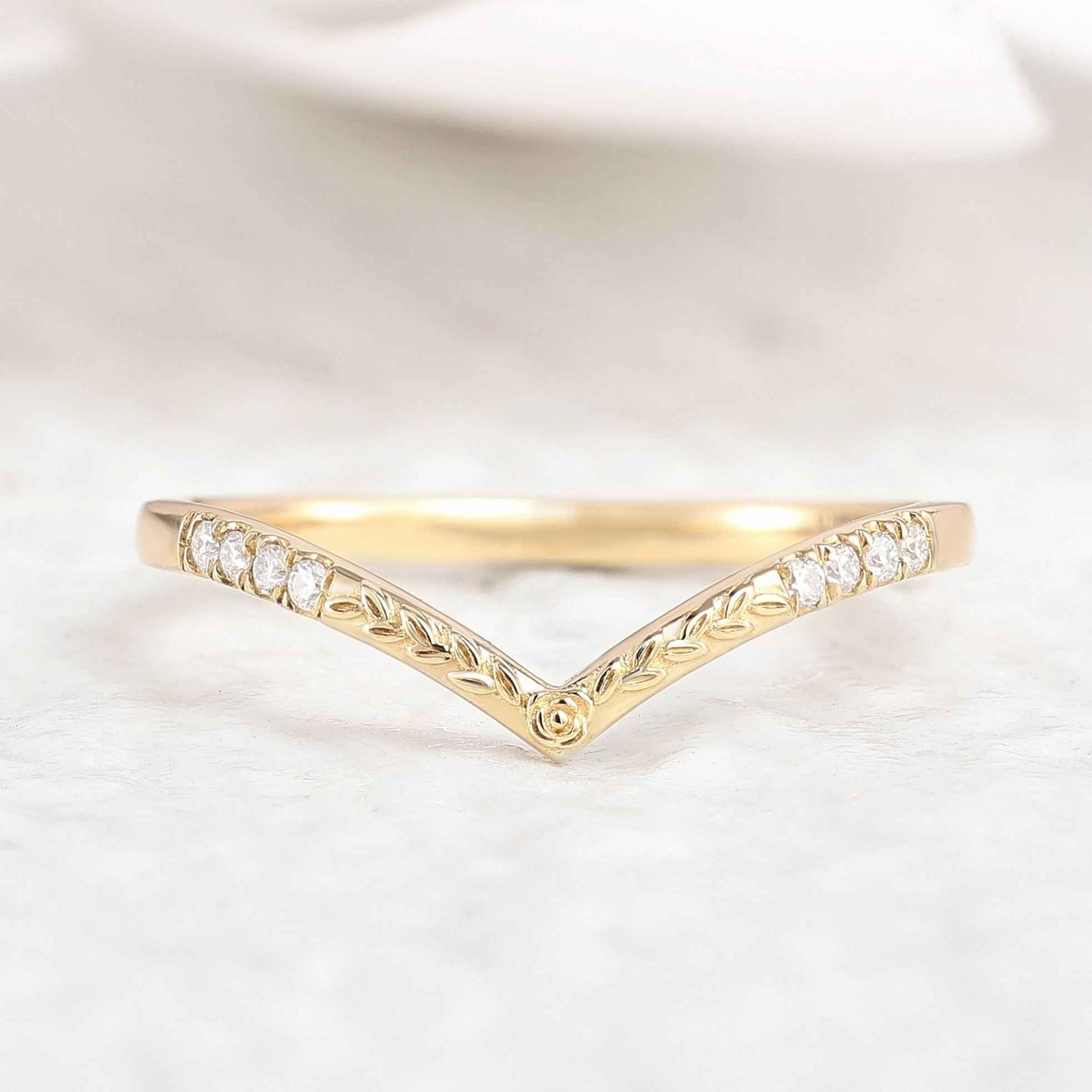 Classic Chevron Yellow Gold Moissanite Wedding Ring