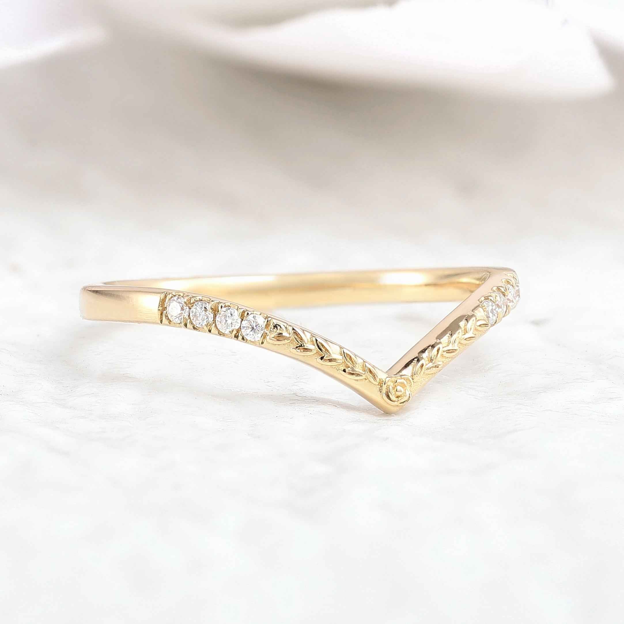 Classic Chevron Yellow Gold Moissanite Wedding Ring