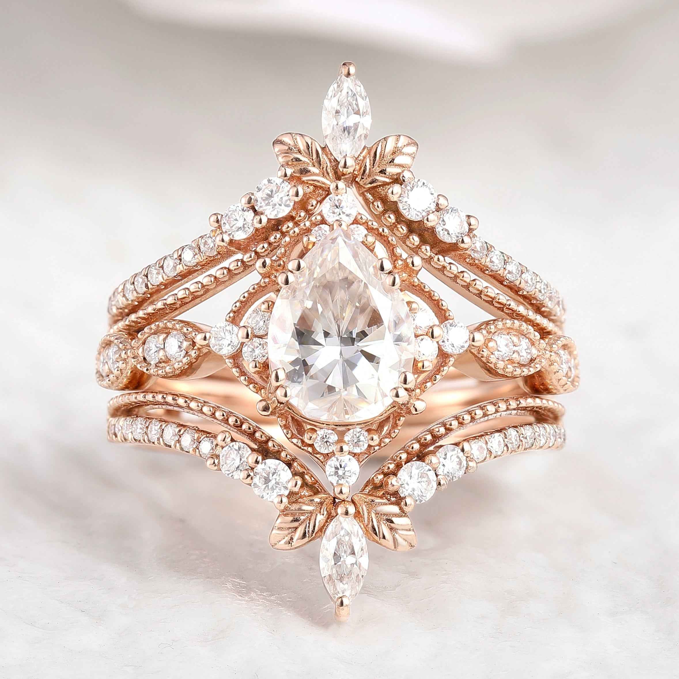 Nature Inspired Moissanite Engagement Ring Leaf Enhancer Wedding Band