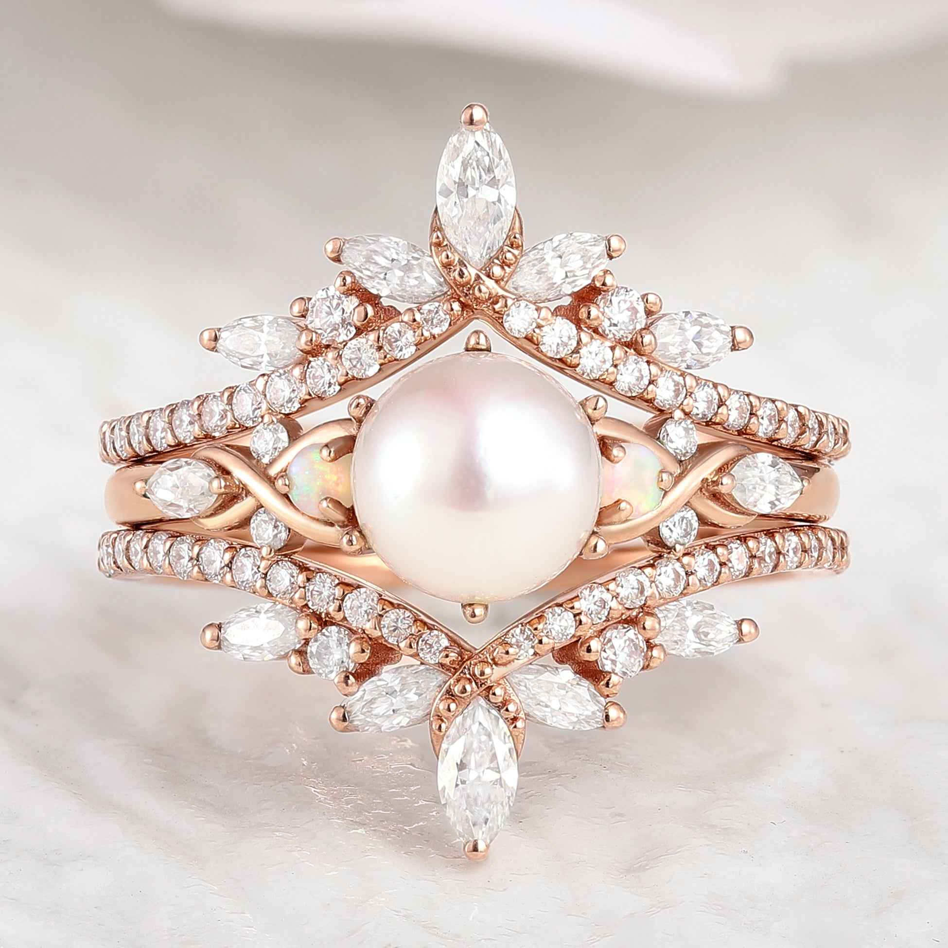 Unique Pearl Bridal Set Moissanite Marquise Enhancer Wedding Band 2Pcs