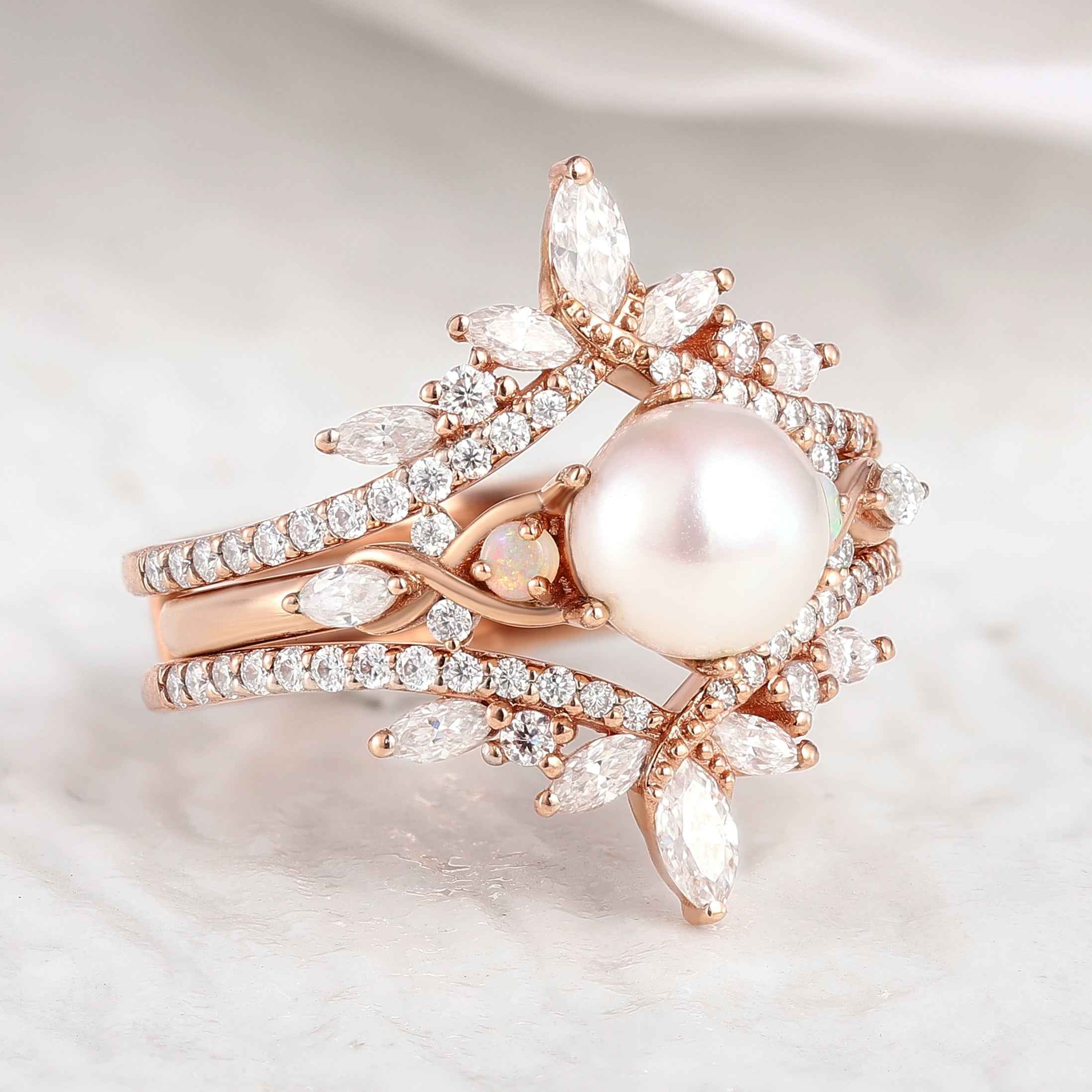 Unique Pearl Bridal Set Moissanite Marquise Enhancer Wedding Band 2Pcs