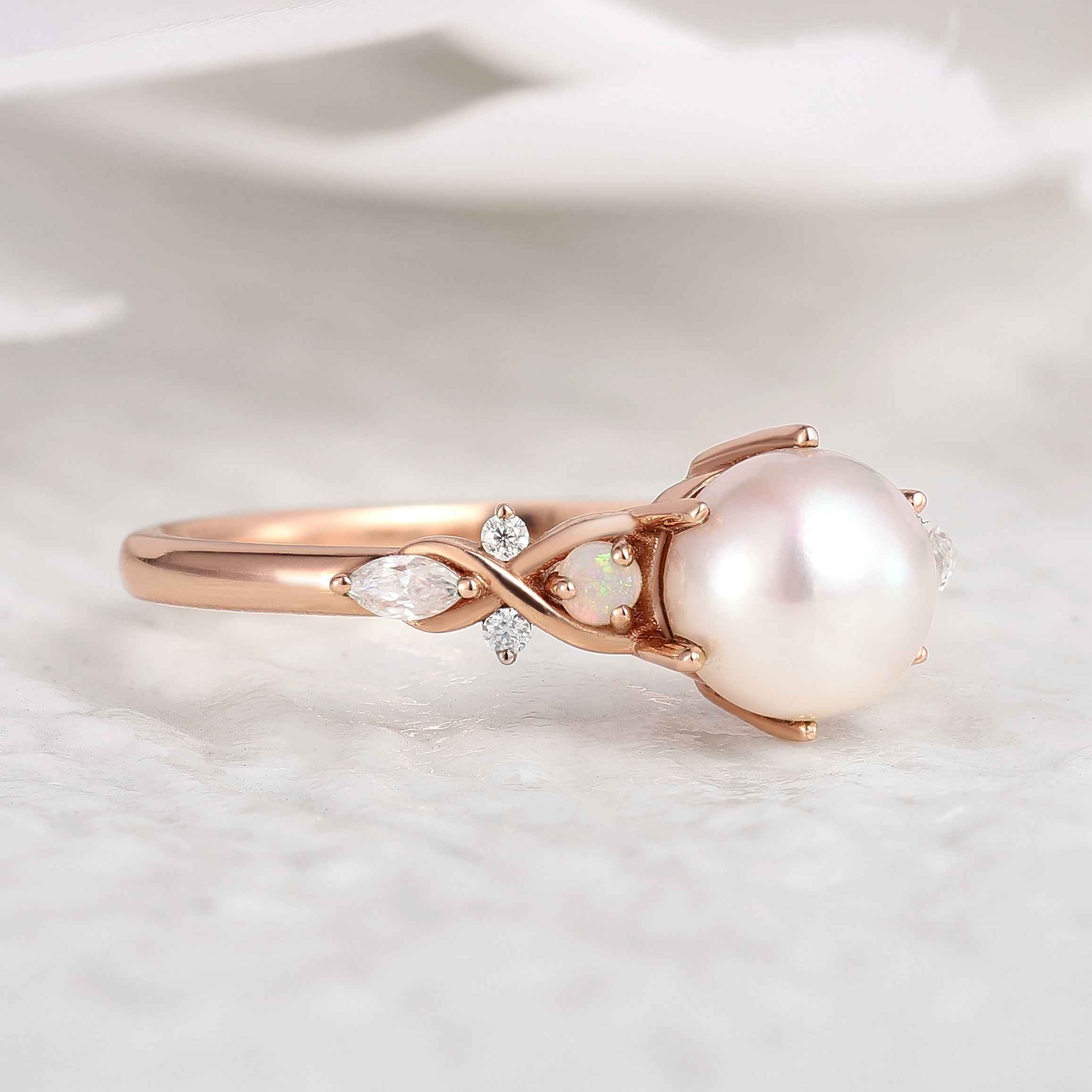 Unique Design Round Pearl Engagement Ring Rose Gold Ring