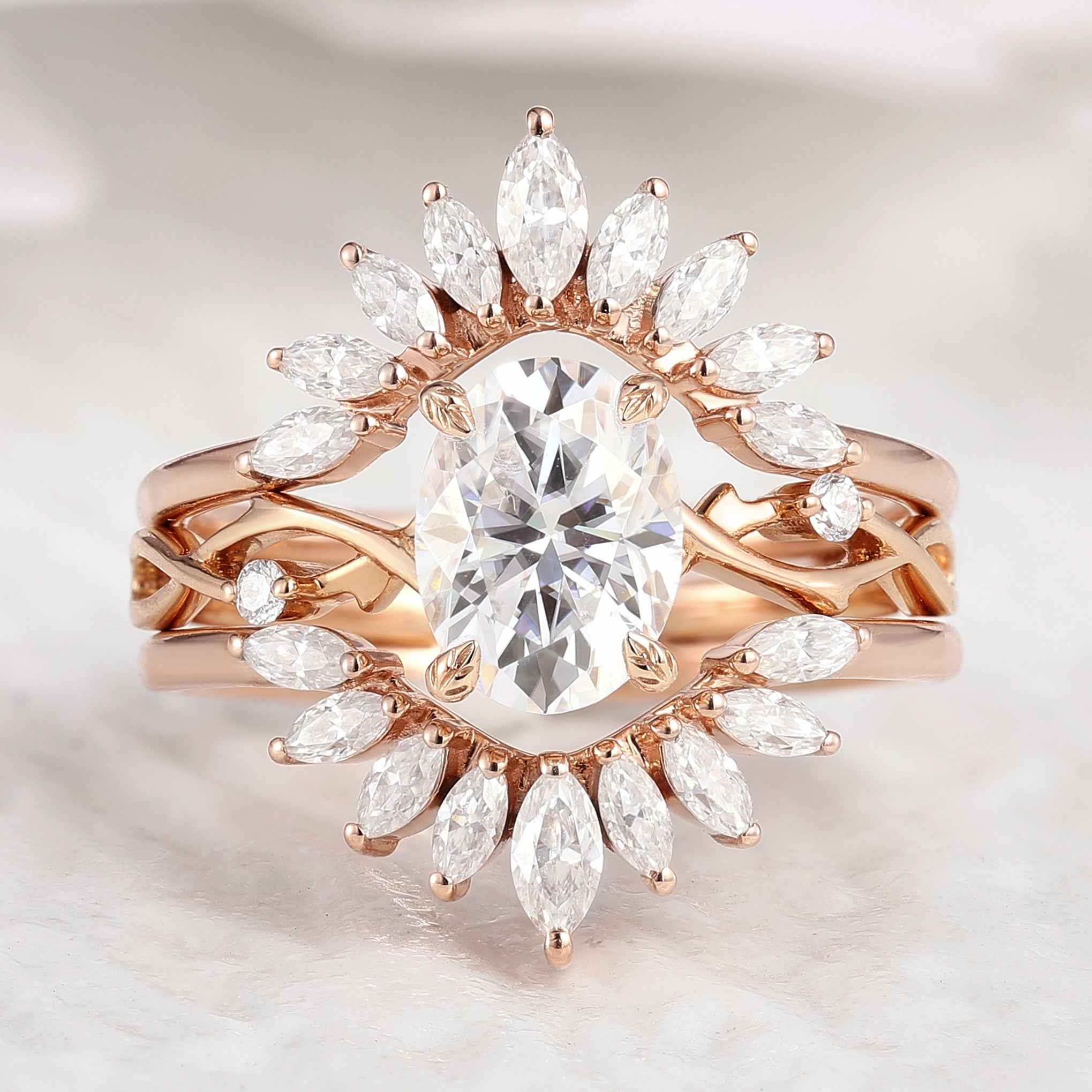 Unique Oval Moissanite Engagement Ring Set Marquise Enhancer Wedding Band