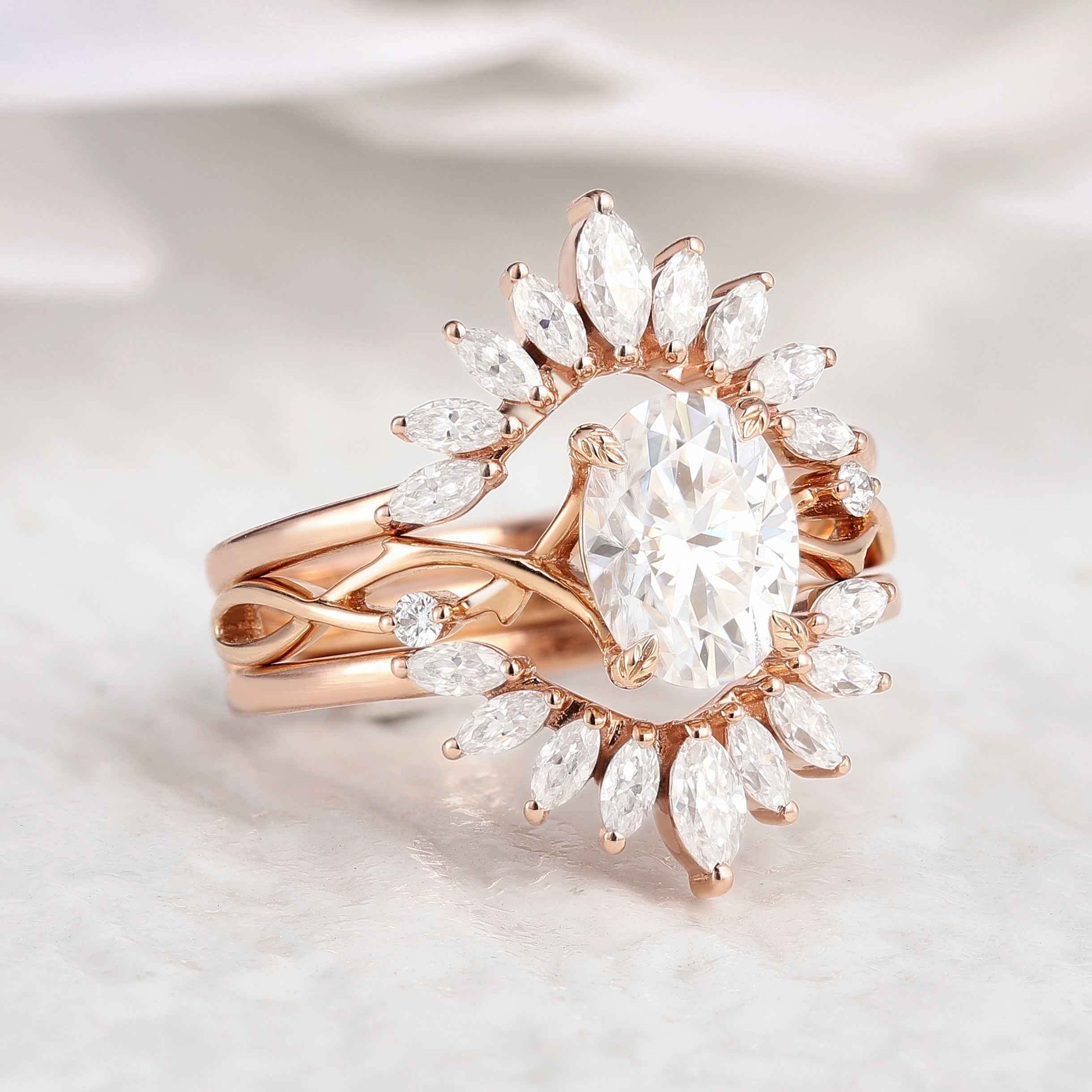 Unique Oval Moissanite Engagement Ring Set Marquise Enhancer Wedding Band