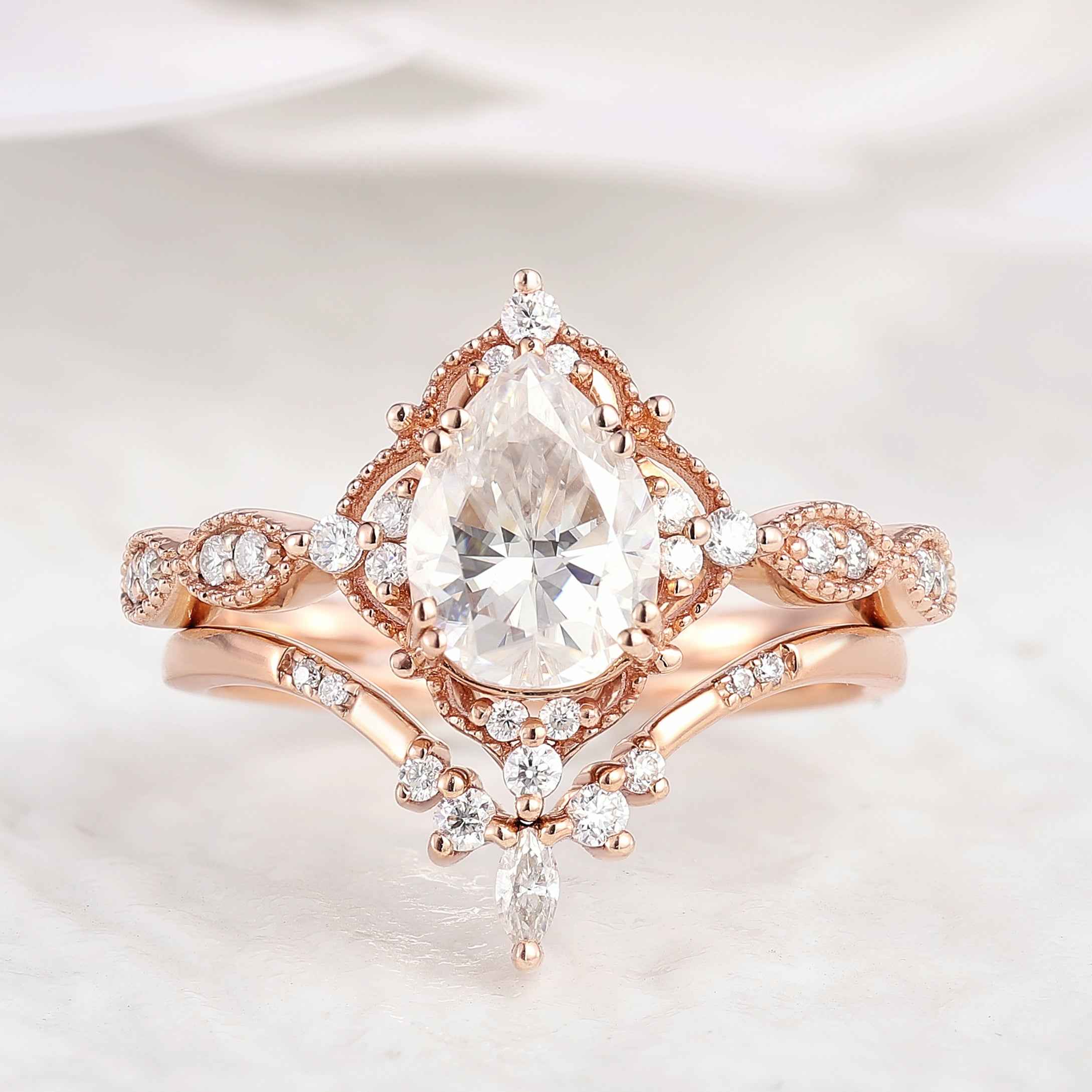 Vintage Pear Cut Moissanite Engagement Ring Set Chevron Stack Wedding Band