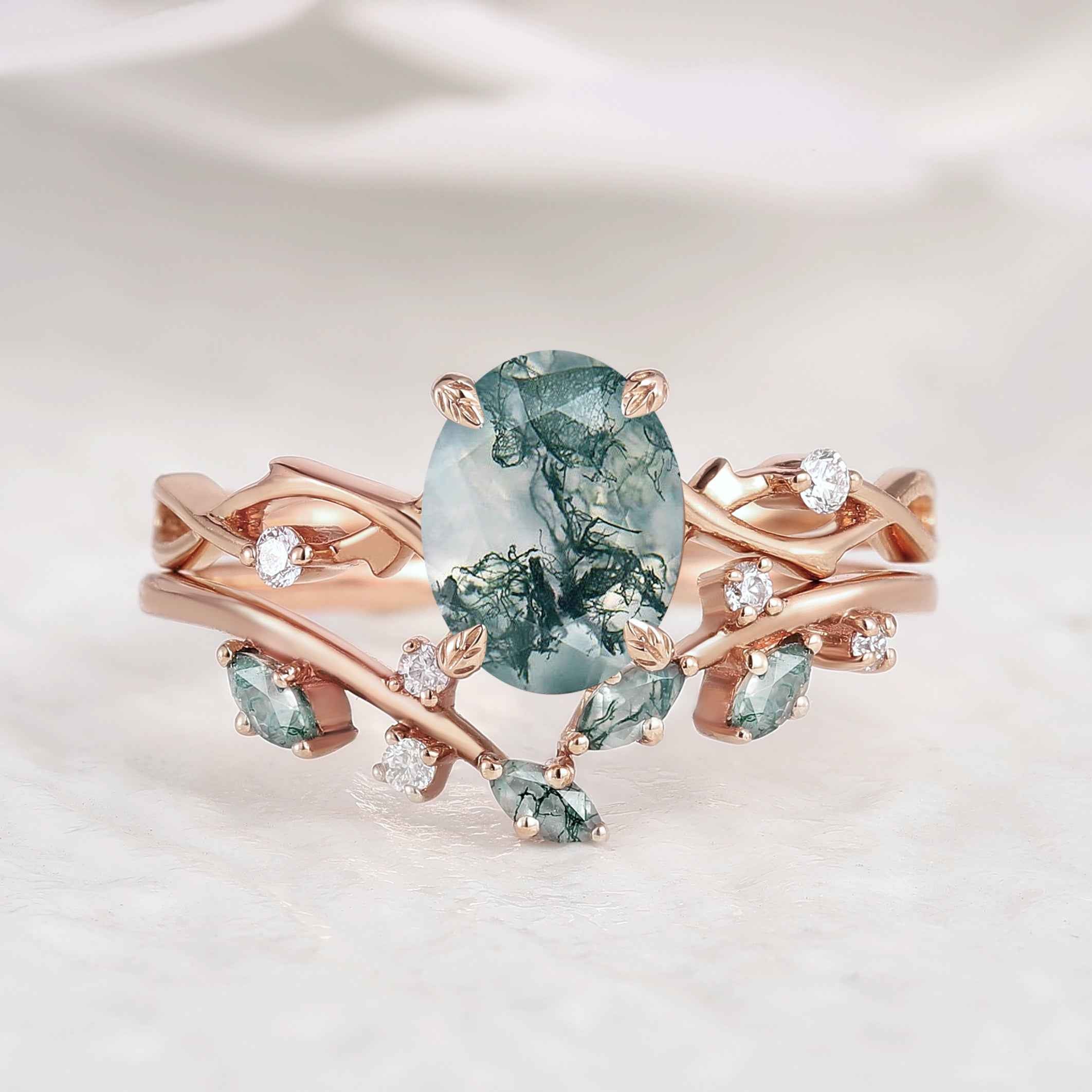 Nature Inspired Moss Agate Engagement Ring Set Vine Wedding Band 2pcs