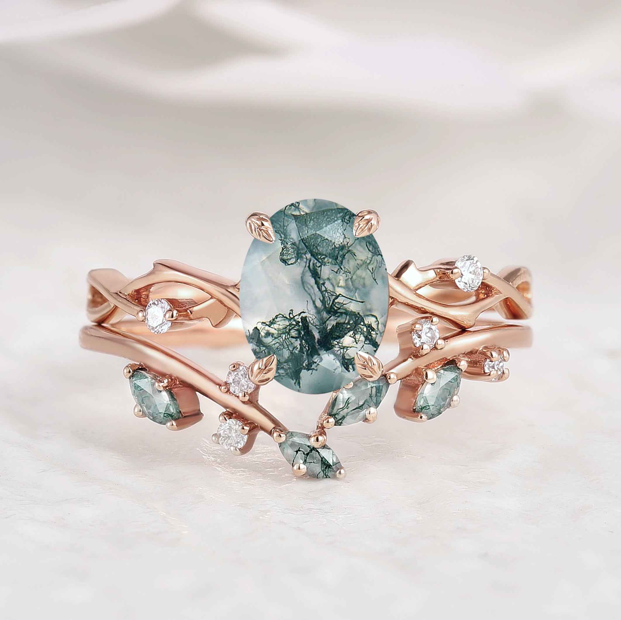 Nature Inspired Moss Agate Engagement Ring Set Vine Wedding Band 2pcs