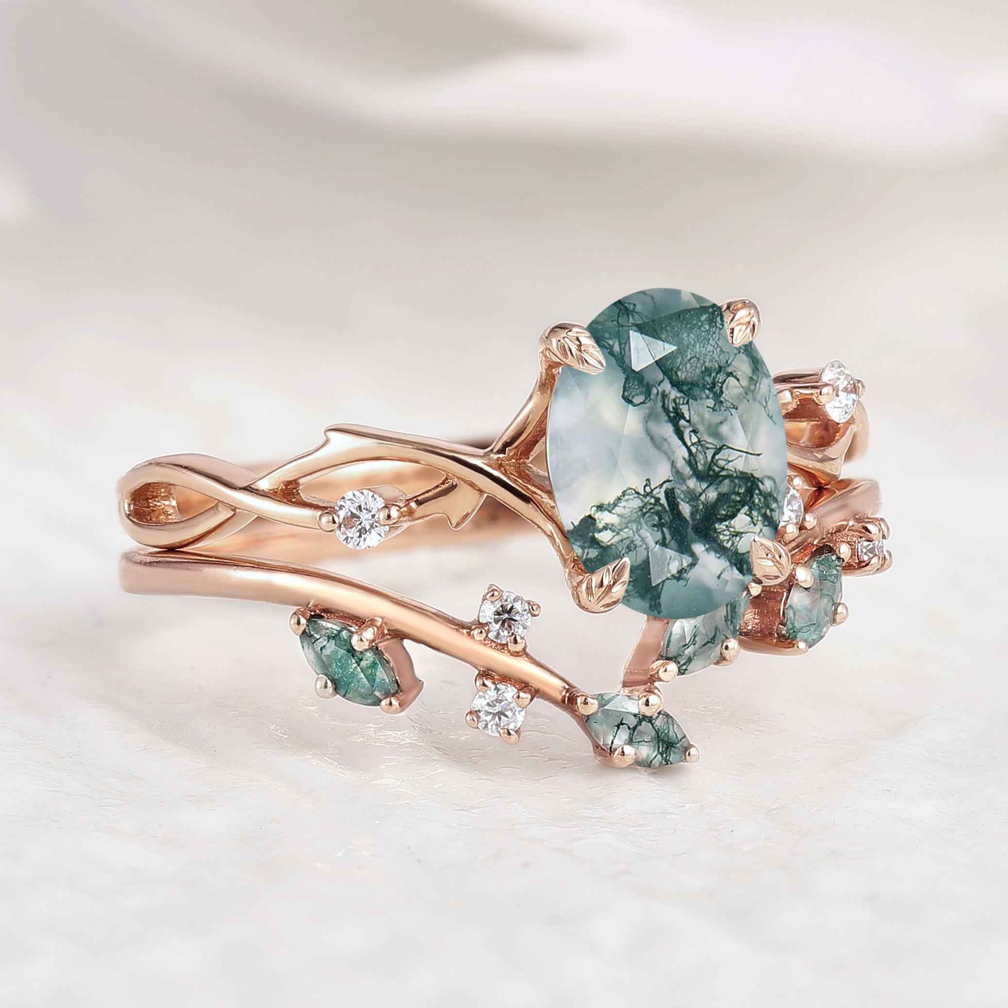 Nature Inspired Moss Agate Engagement Ring Set Vine Wedding Band 2pcs