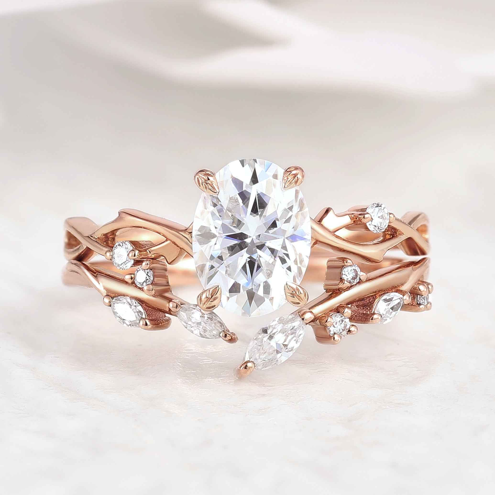 Oval Cut Moissanite Engagement Ring Set Vine Wedding Band 2pcs