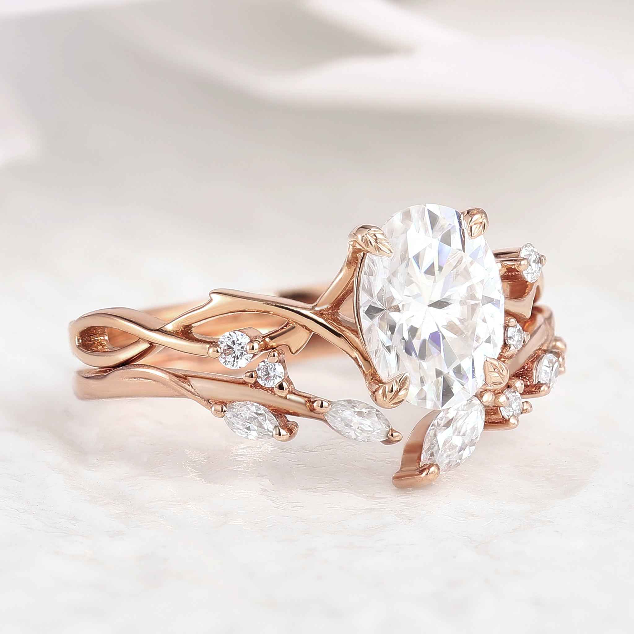 Oval Cut Moissanite Engagement Ring Set Vine Wedding Band 2pcs