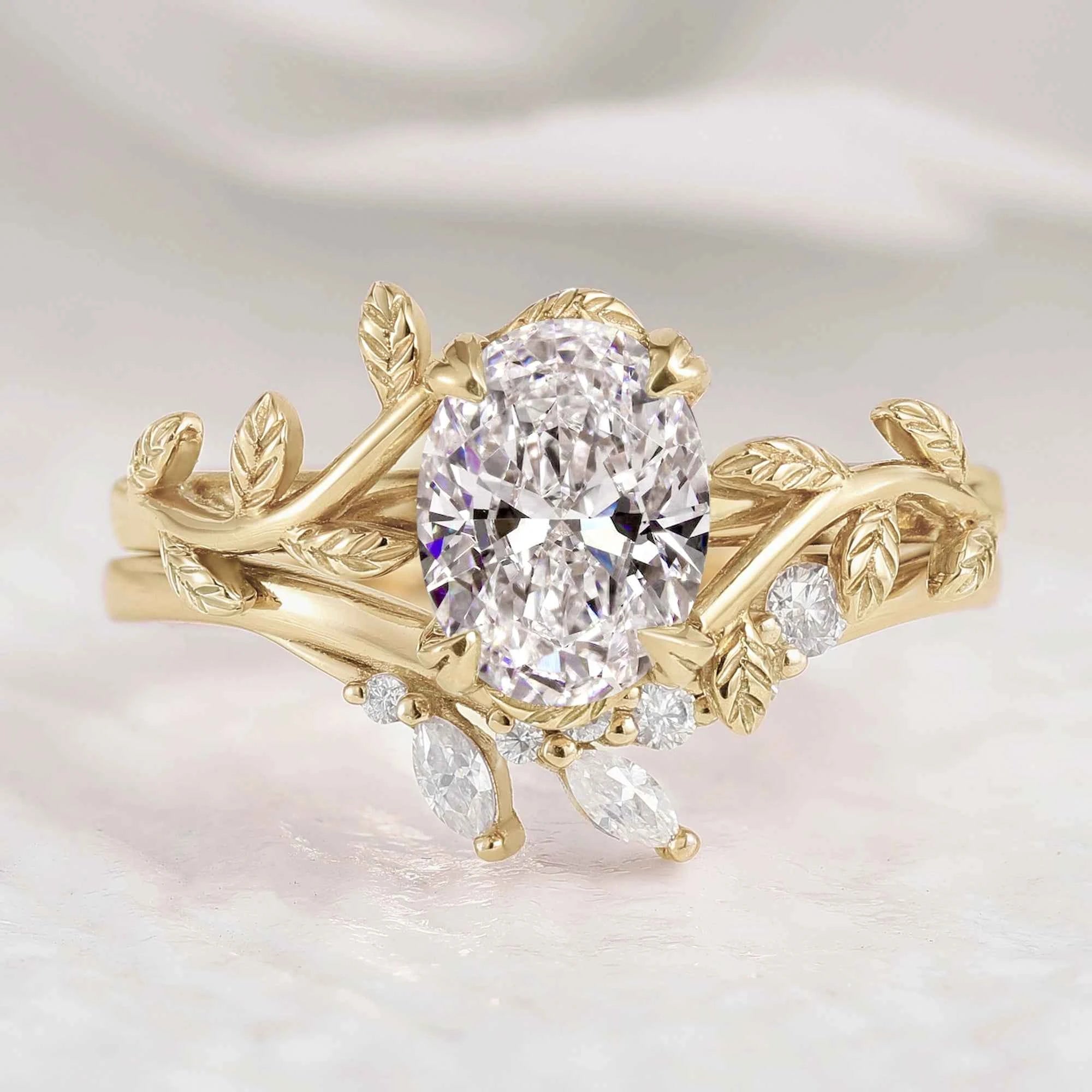 Nature Inspired Leafy Vine Lab Diamond Engagement Ring Set 2pcs