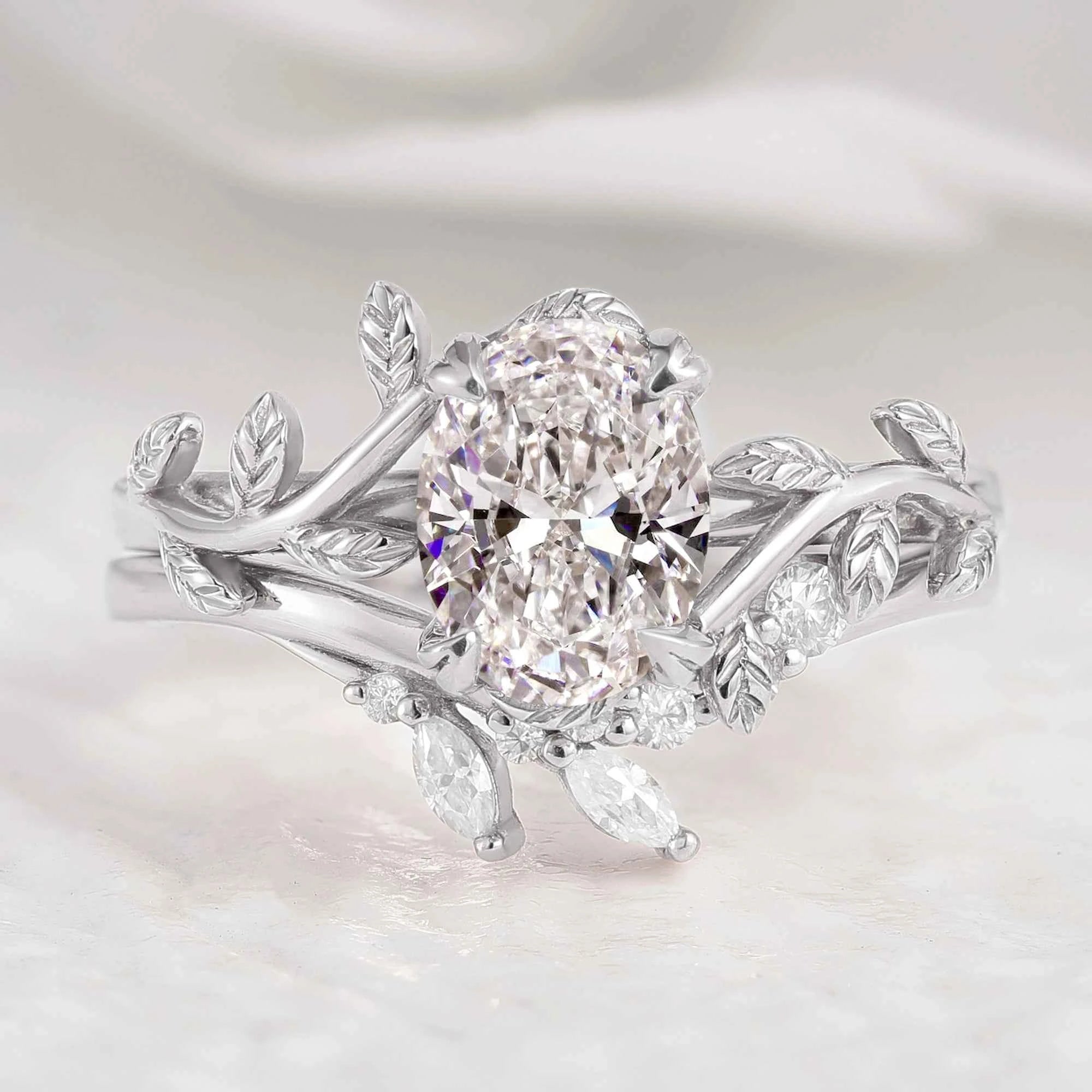 Nature Inspired Leafy Vine Lab Diamond Engagement Ring Set 2pcs