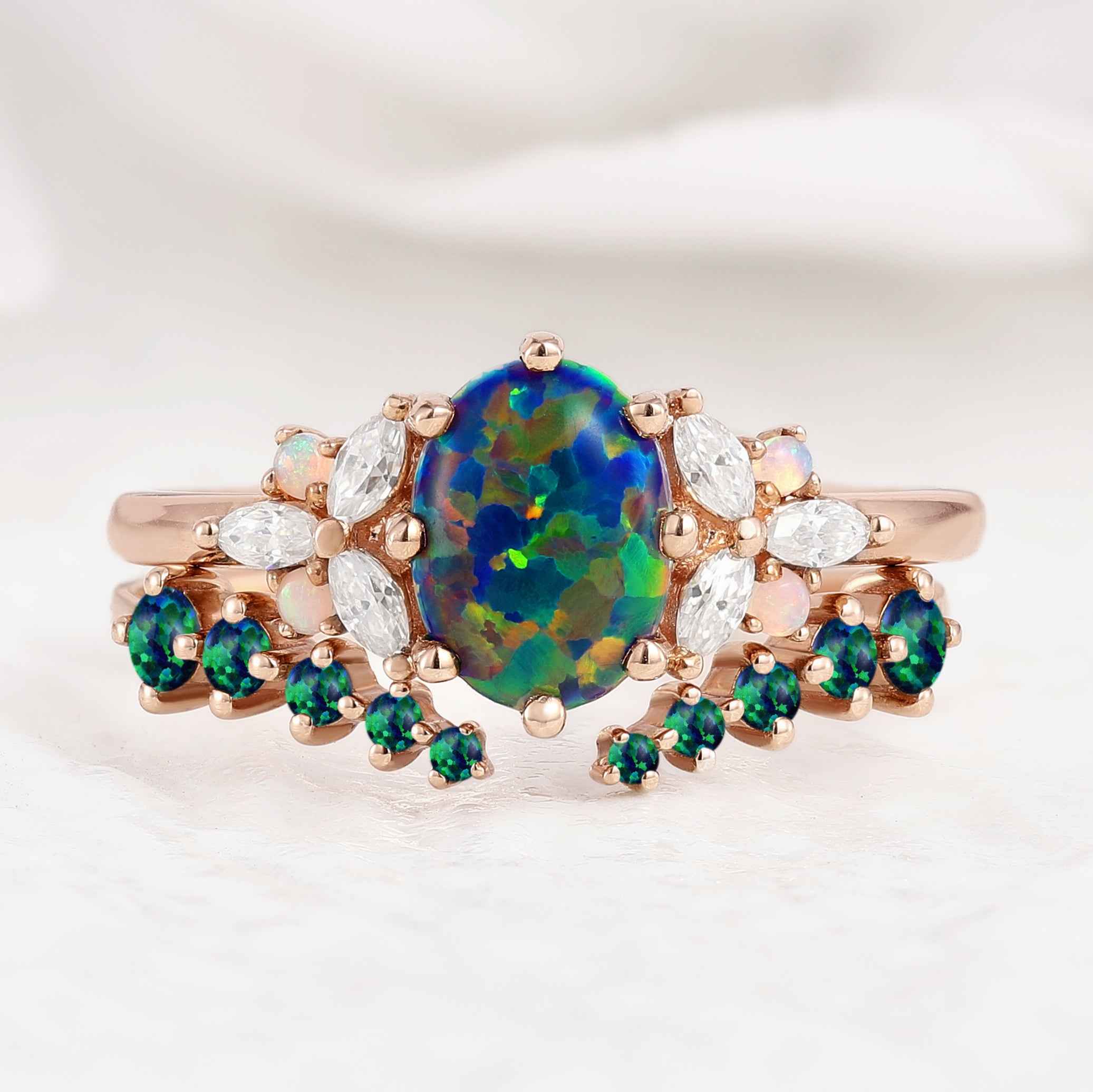Nautre Inspired Black Opal Stacking Engagement Ring Set 2pcs