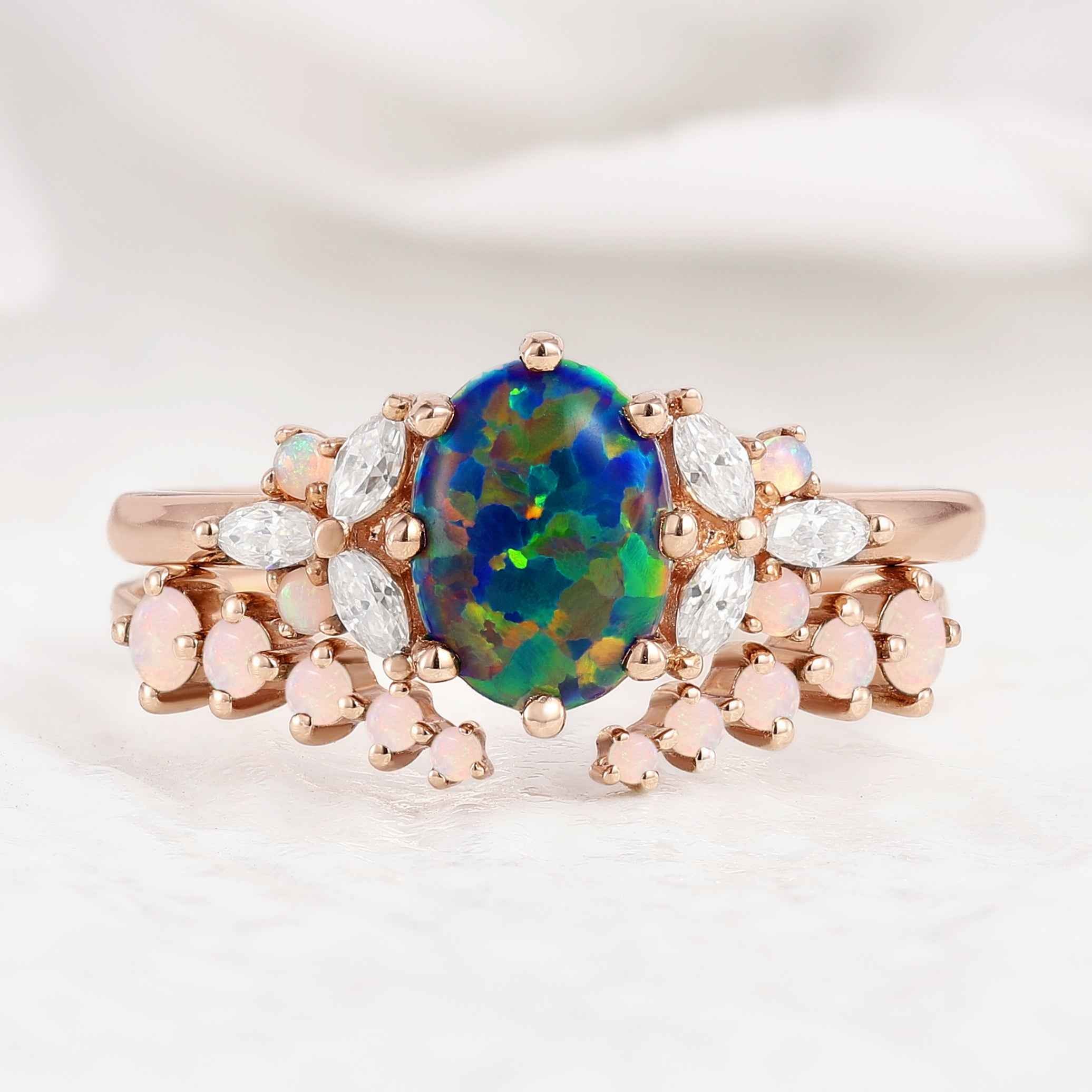 1.5ct Oval Opal Rose Gold  Engagement Ring Set 2pcs