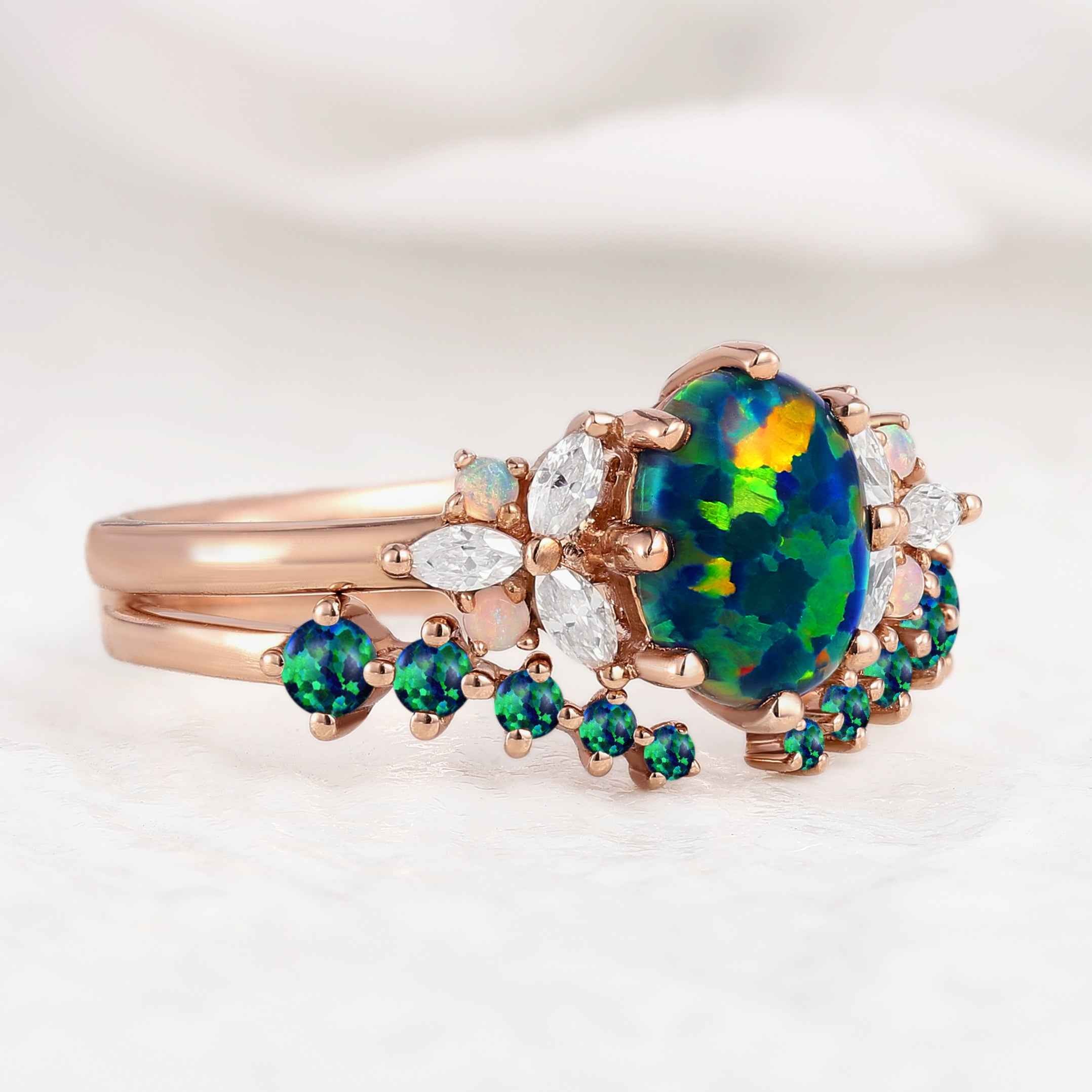 Nautre Inspired Black Opal Stacking Engagement Ring Set 2pcs