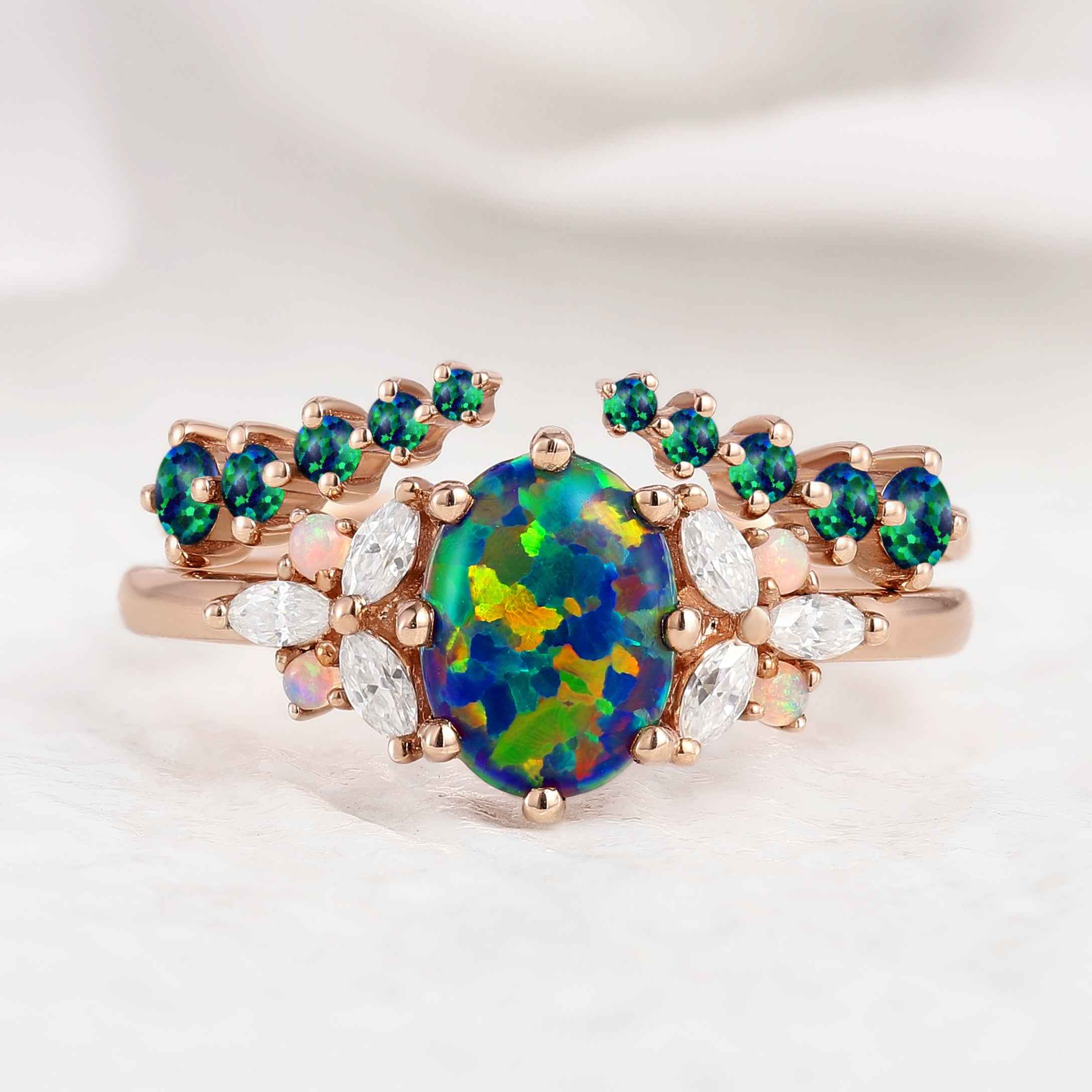 Nautre Inspired Black Opal Stacking Engagement Ring Set 2pcs