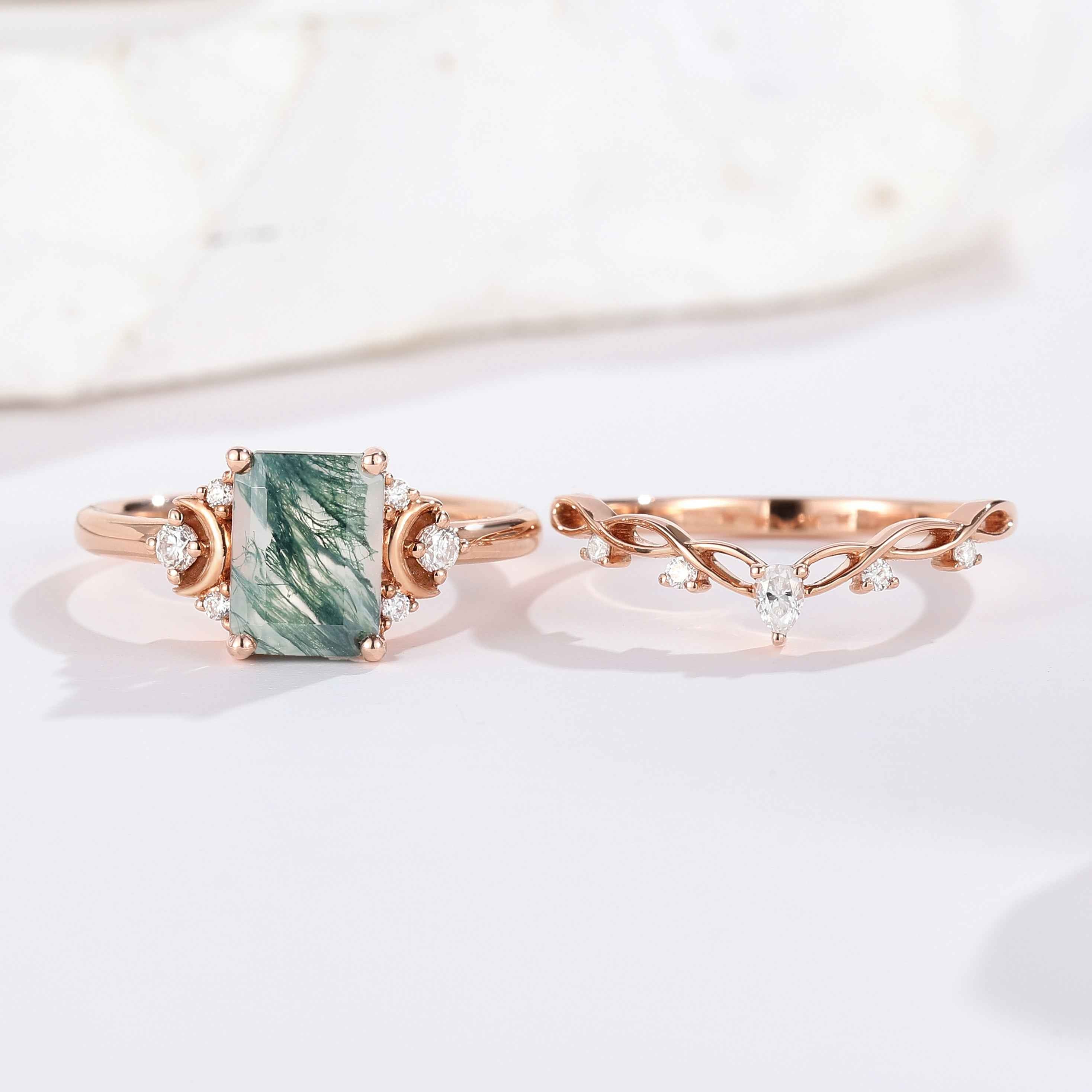 Nature Inspired Emerald Cut Moss Agate Engagement Ring Set With Moon Shaped