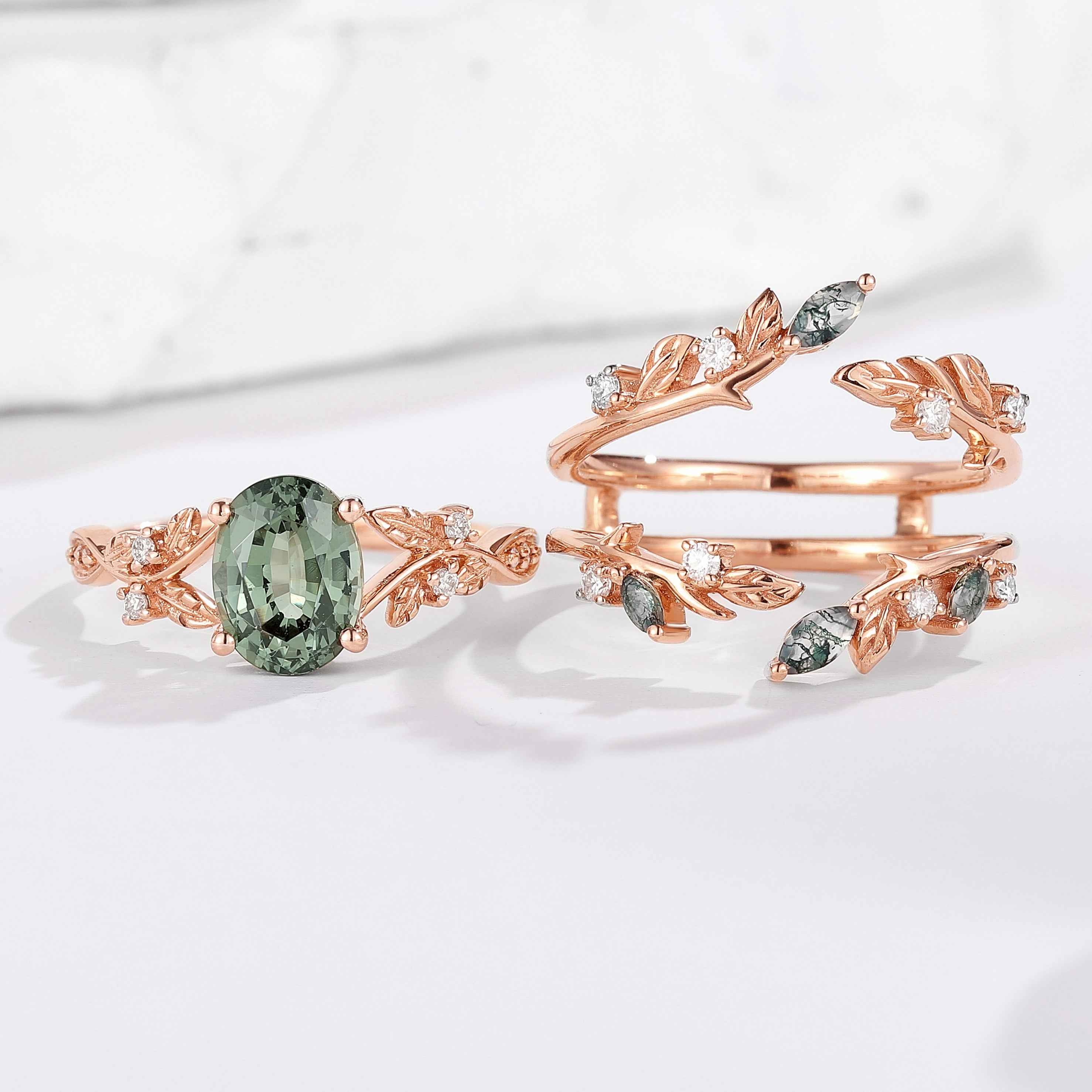 Green Sapphire Engagement Ring Moss Agate Enhancer Leaf Branch Double Wedding Band