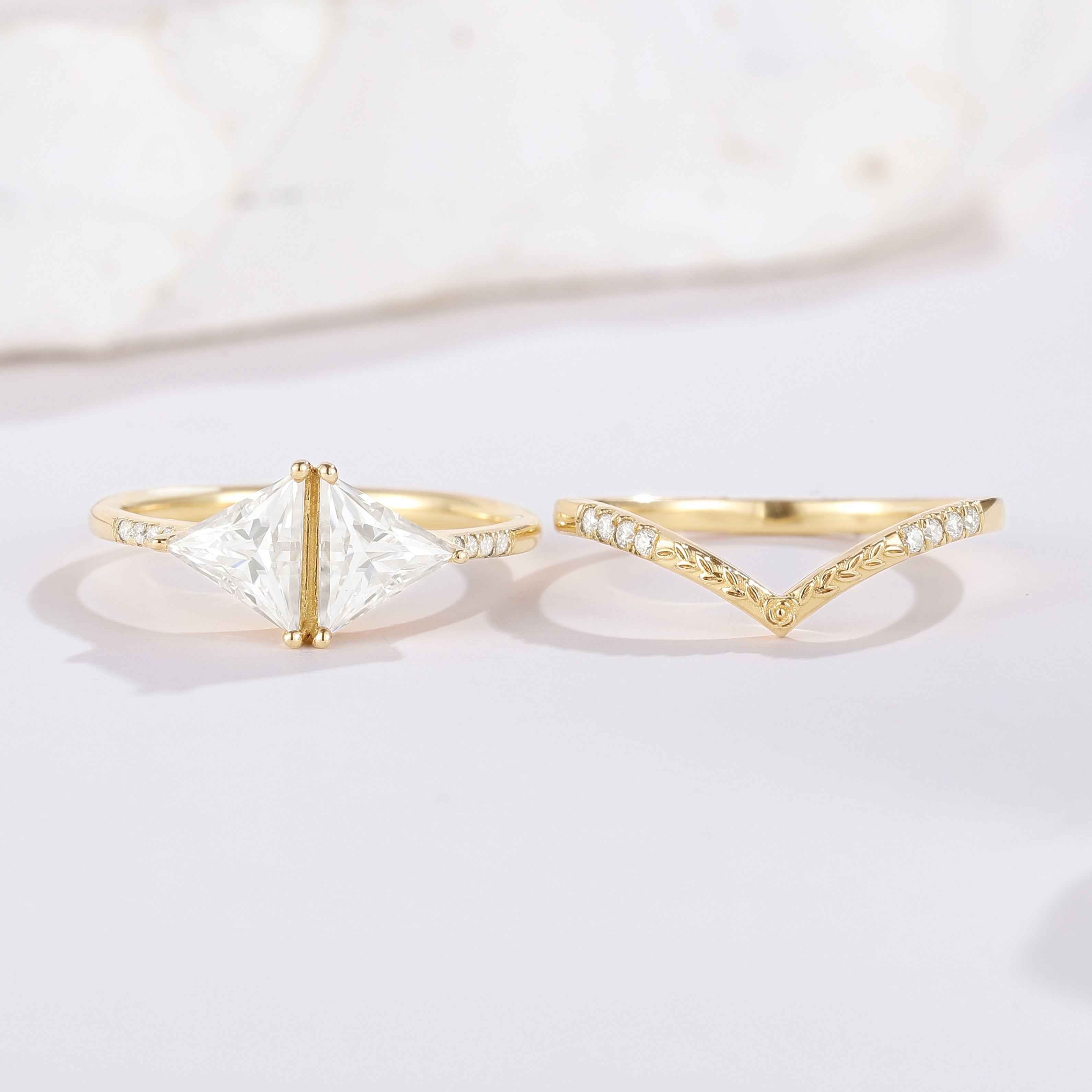 Unique Design Triangle Moissanite Bridal Set Chervon Yellow Gold Wedding Ring