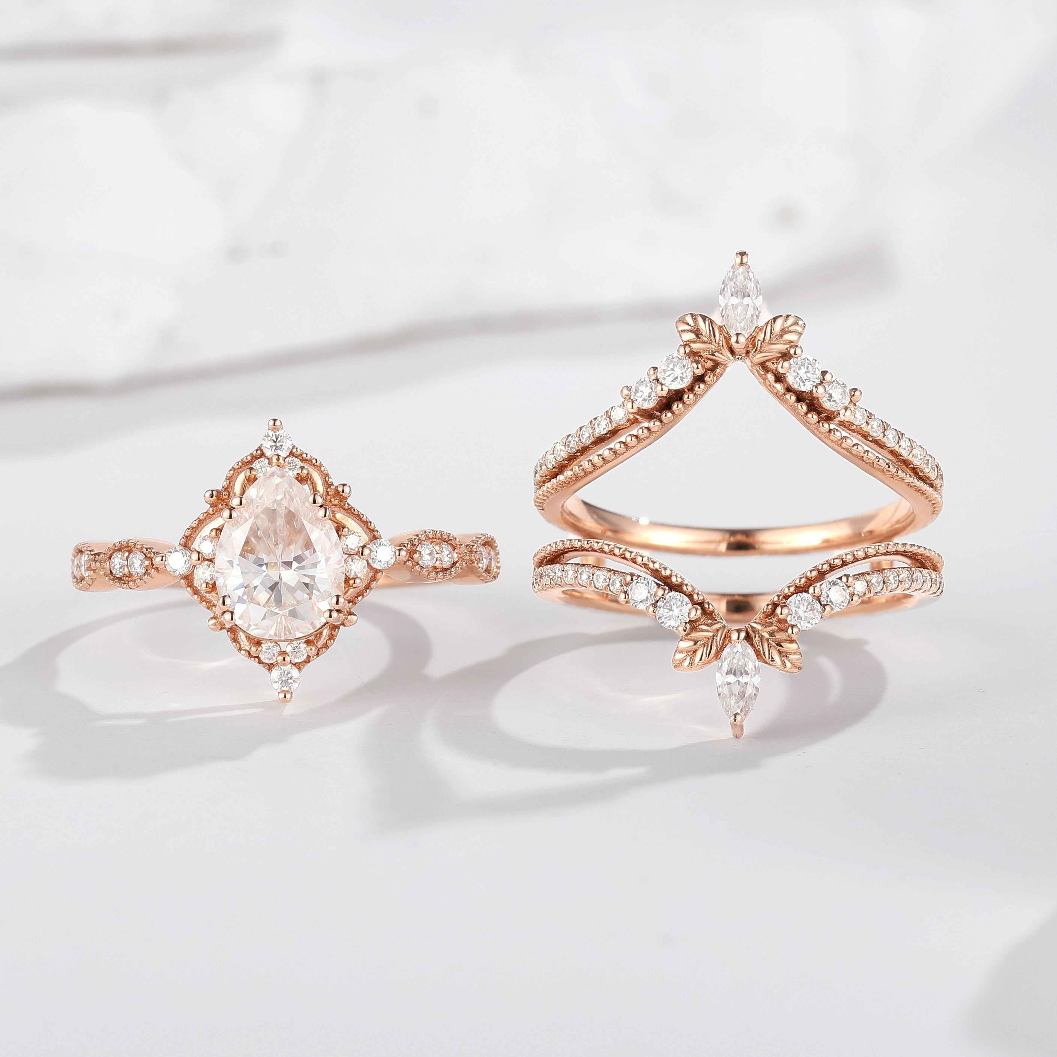 Nature Inspired Moissanite Engagement Ring Leaf Enhancer Wedding Band