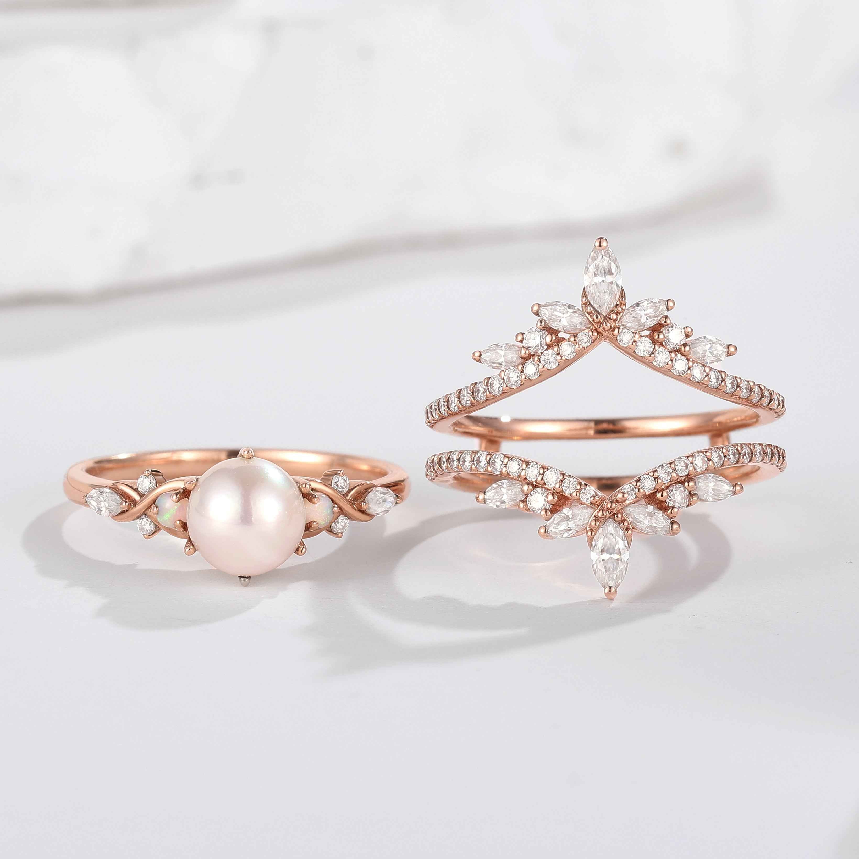 Unique Pearl Bridal Set Moissanite Marquise Enhancer Wedding Band 2Pcs