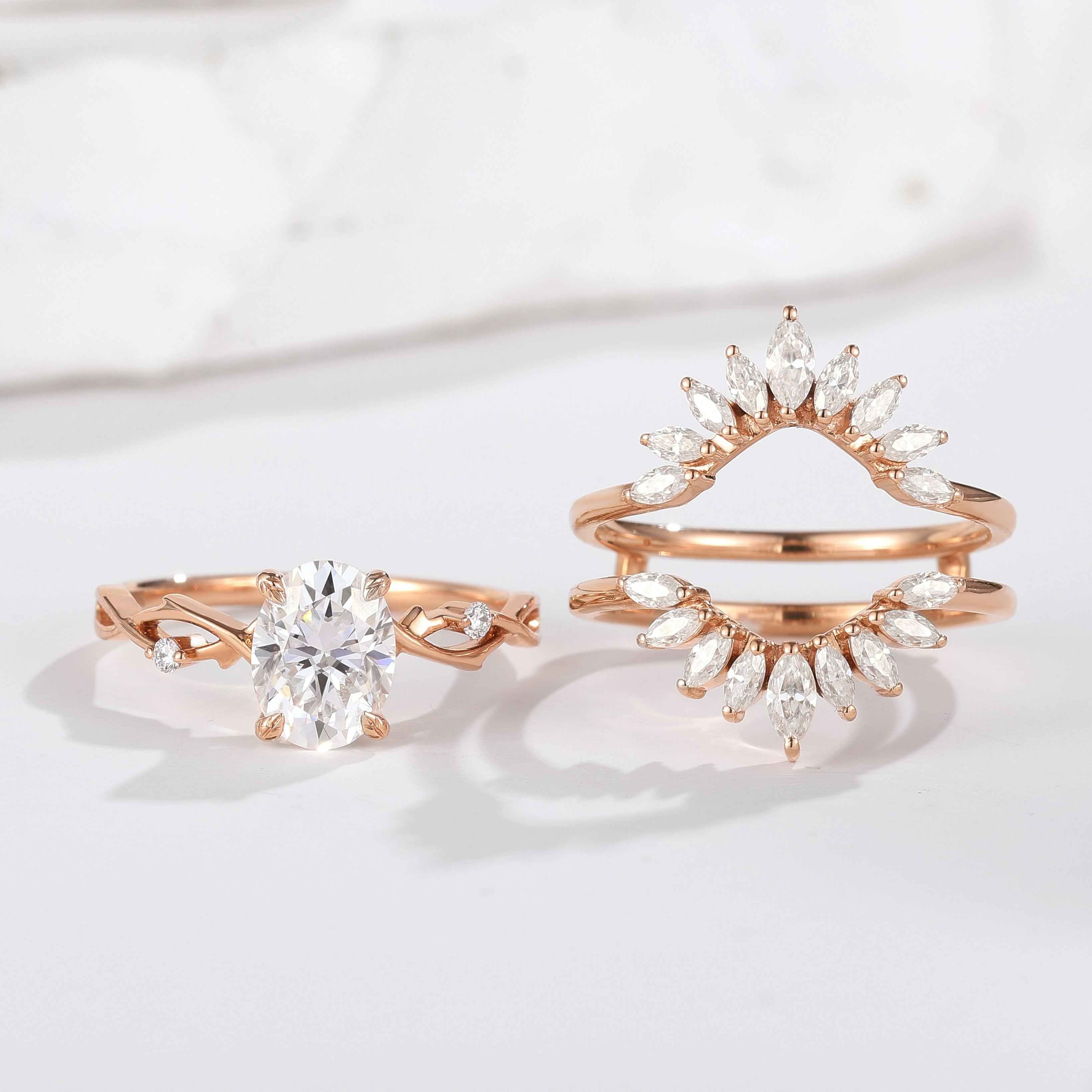 Unique Oval Moissanite Engagement Ring Set Marquise Enhancer Wedding Band