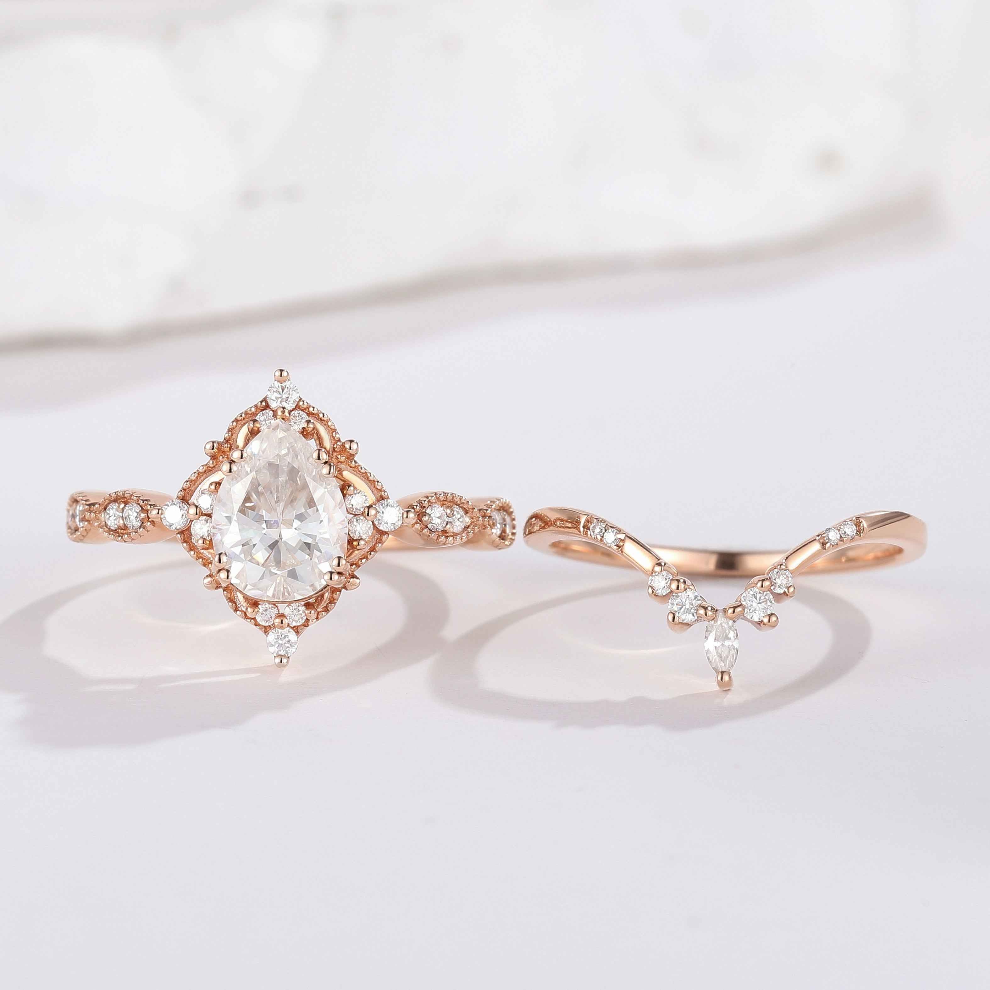 Vintage Pear Cut Moissanite Engagement Ring Set Chevron Stack Wedding Band