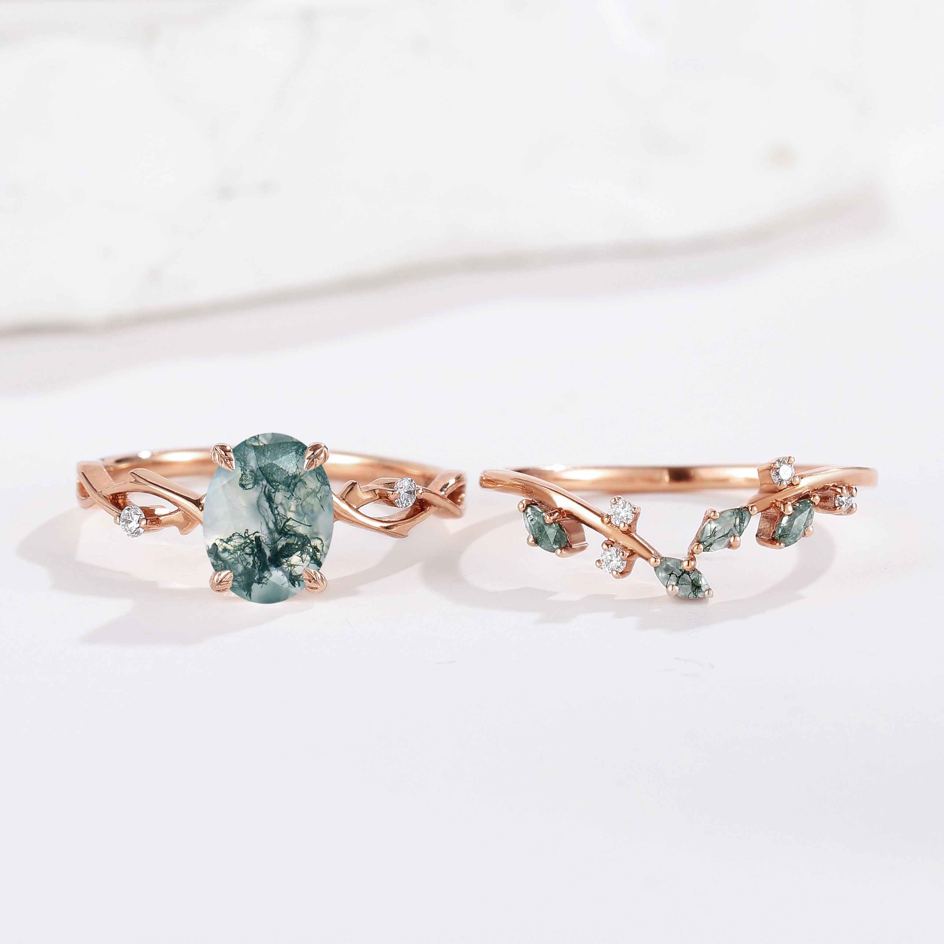 Nature Inspired Moss Agate Engagement Ring Set Vine Wedding Band 2pcs