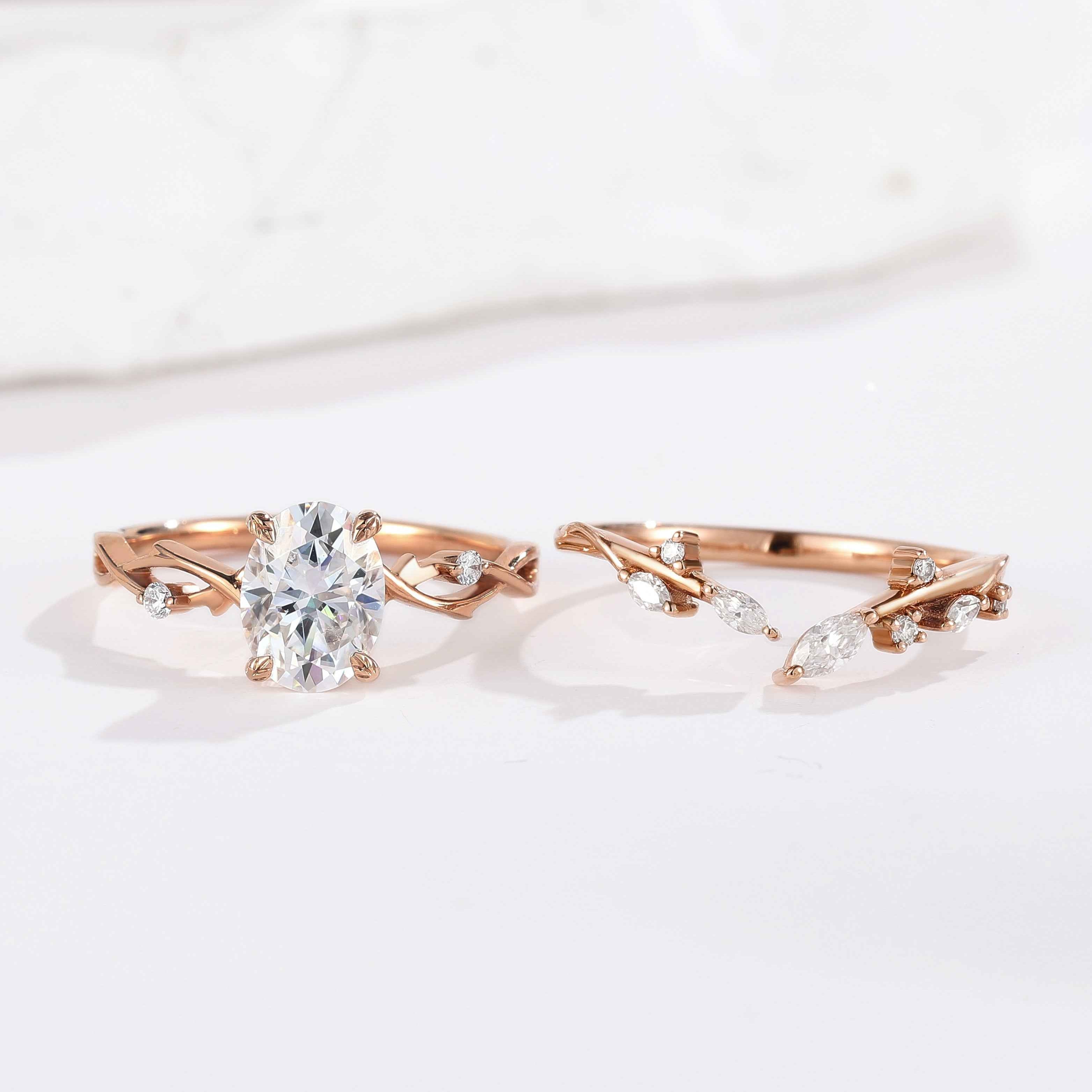 Oval Cut Moissanite Engagement Ring Set Vine Wedding Band 2pcs