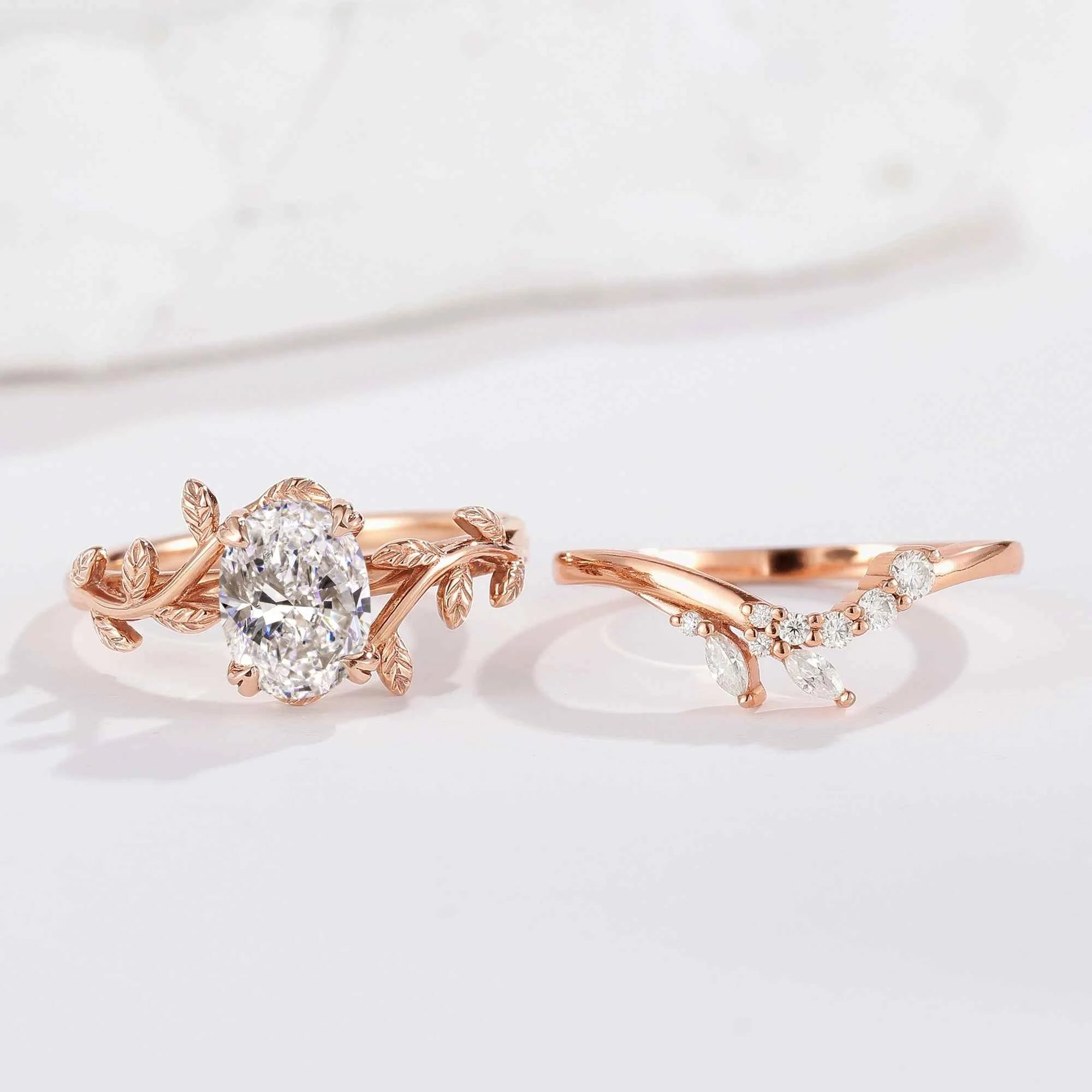 Nature Inspired Leafy Vine Lab Diamond Engagement Ring Set 2pcs