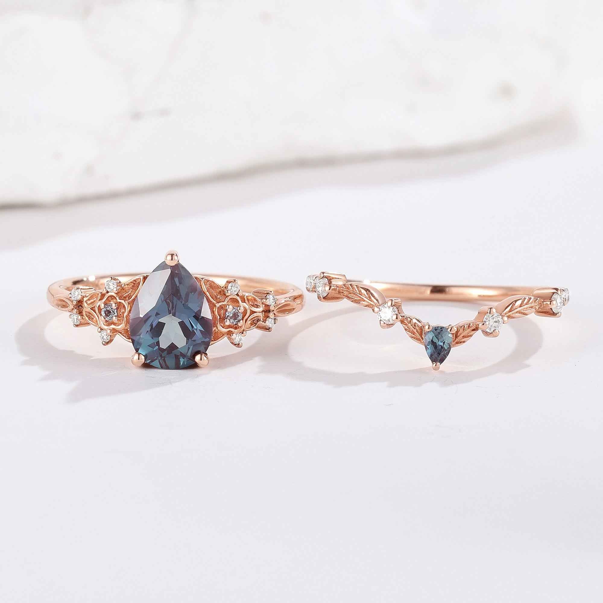 Unique Flora Alexandrite Bridal Set Chevron Wedding Ring 2pcs