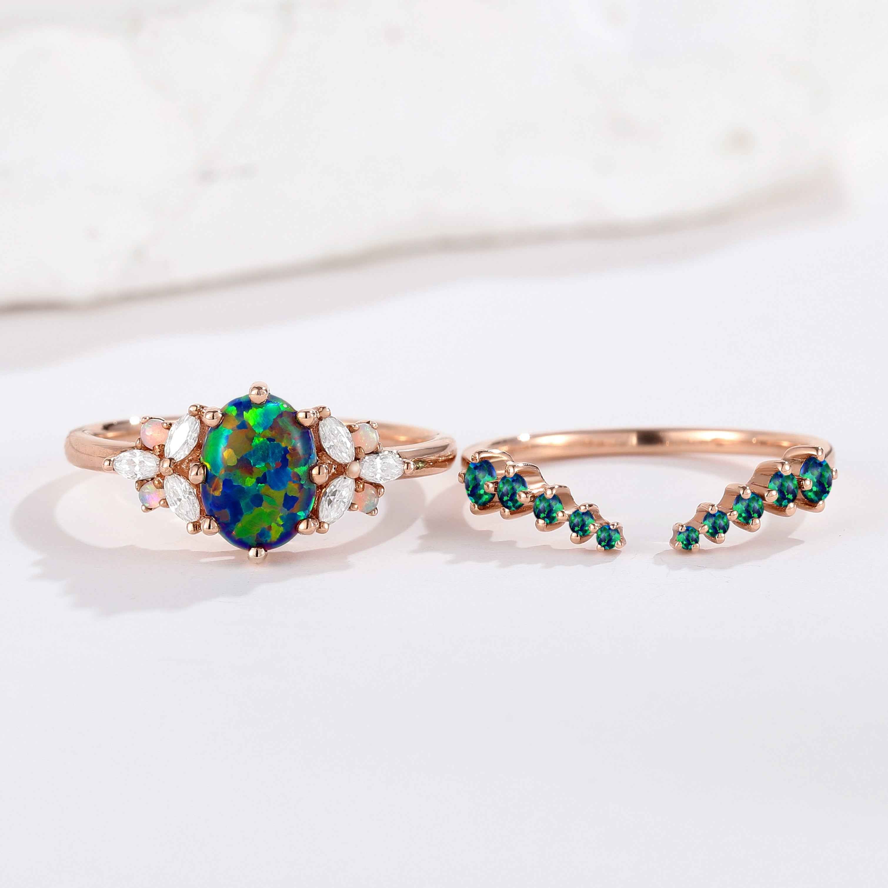 Nautre Inspired Black Opal Stacking Engagement Ring Set 2pcs