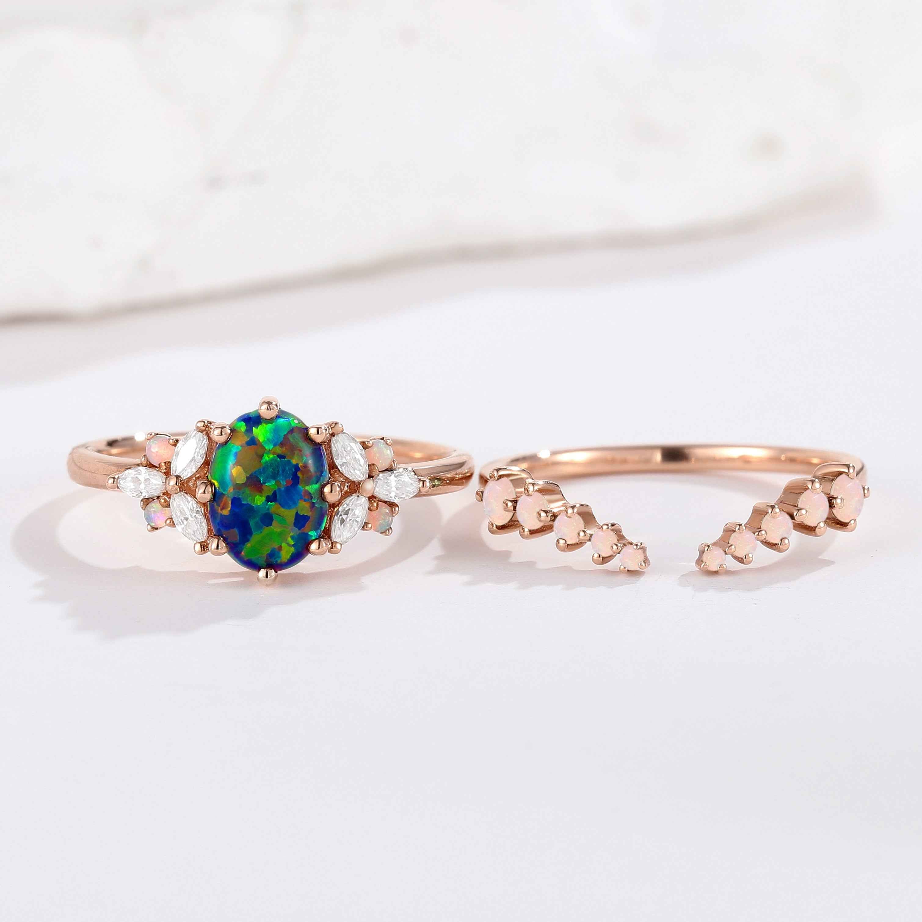 1.5ct Oval Opal Rose Gold  Engagement Ring Set 2pcs