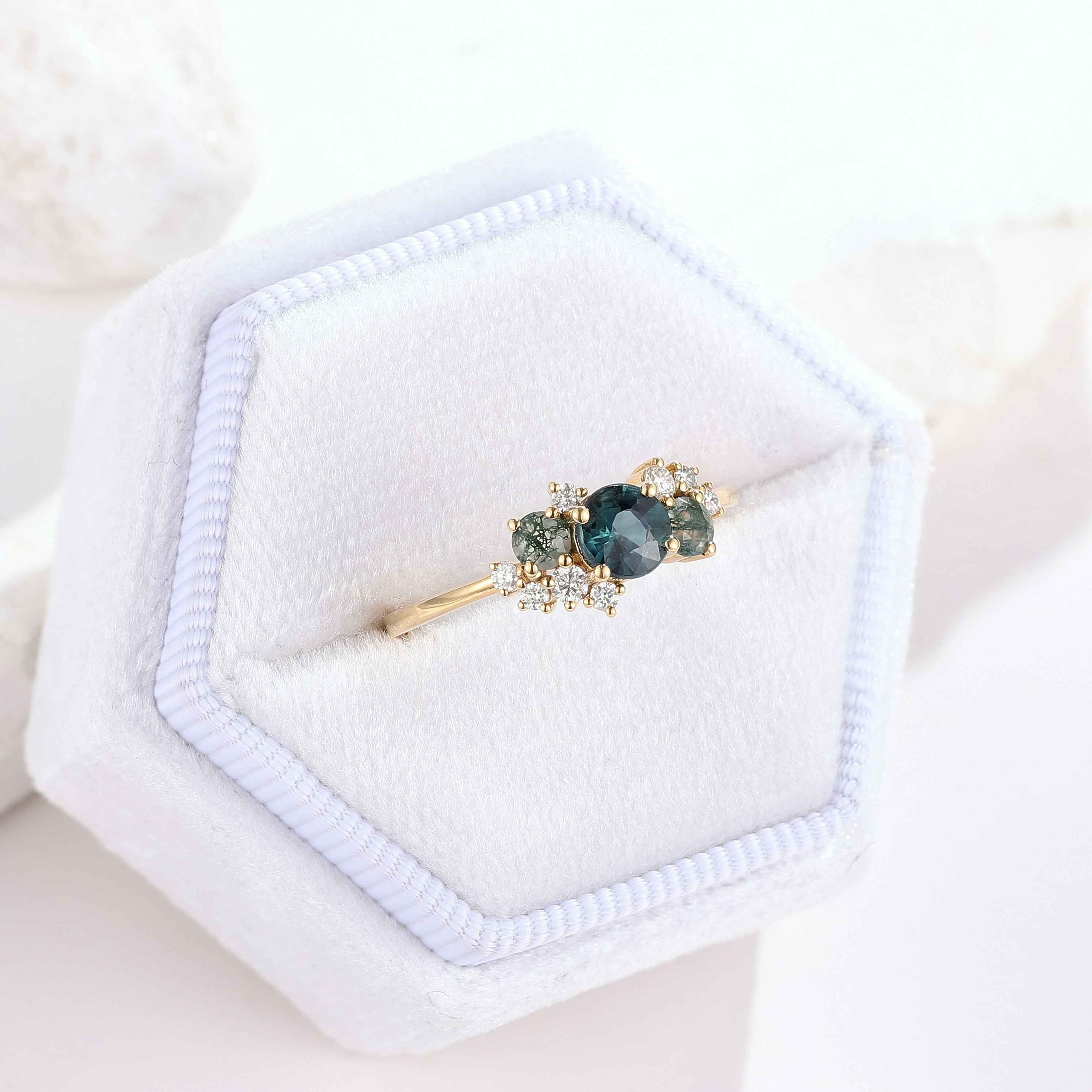 Art Deco Teal Sapphire Engagement Ring With Moss Agate And Moissainte