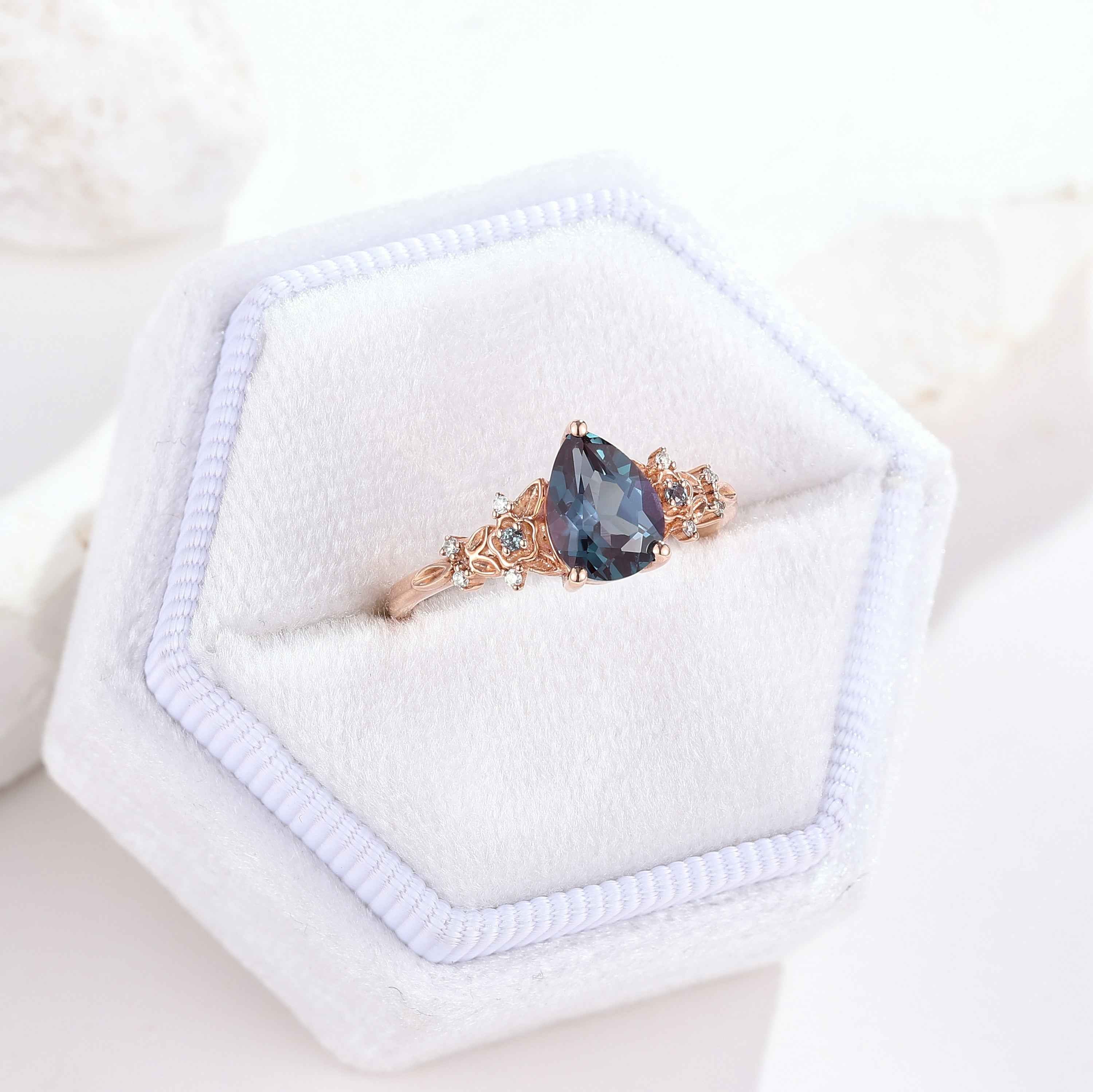 Natural Inspired Ring Floral Alexandrite Engagement Ring Pear Cut Ring
