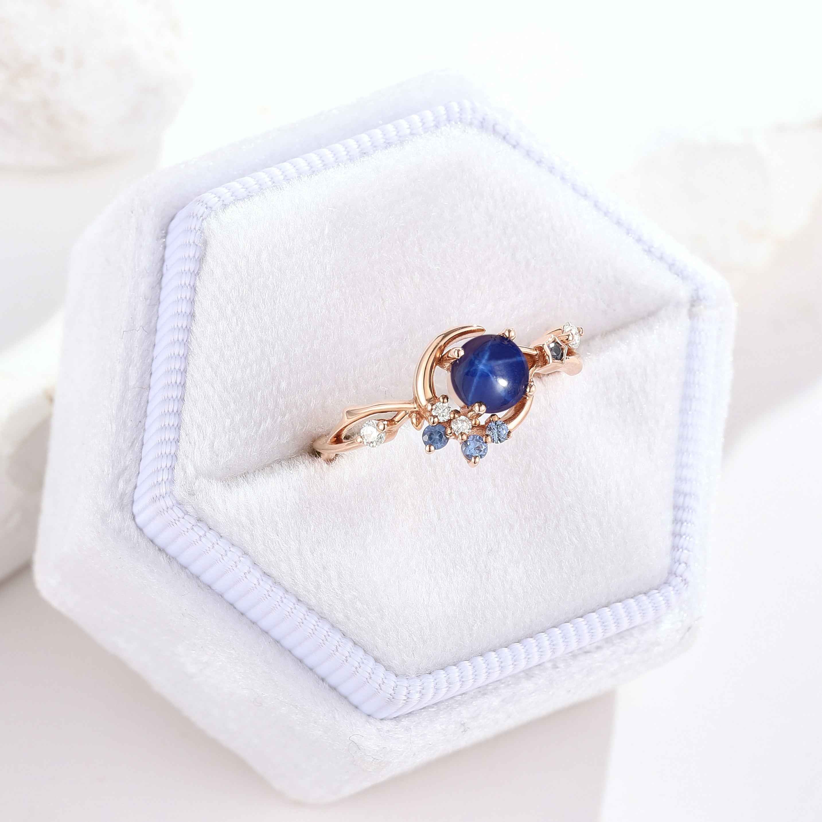 Unique Design Engagement Ring Star Sapphire Moon Star Promise Ring