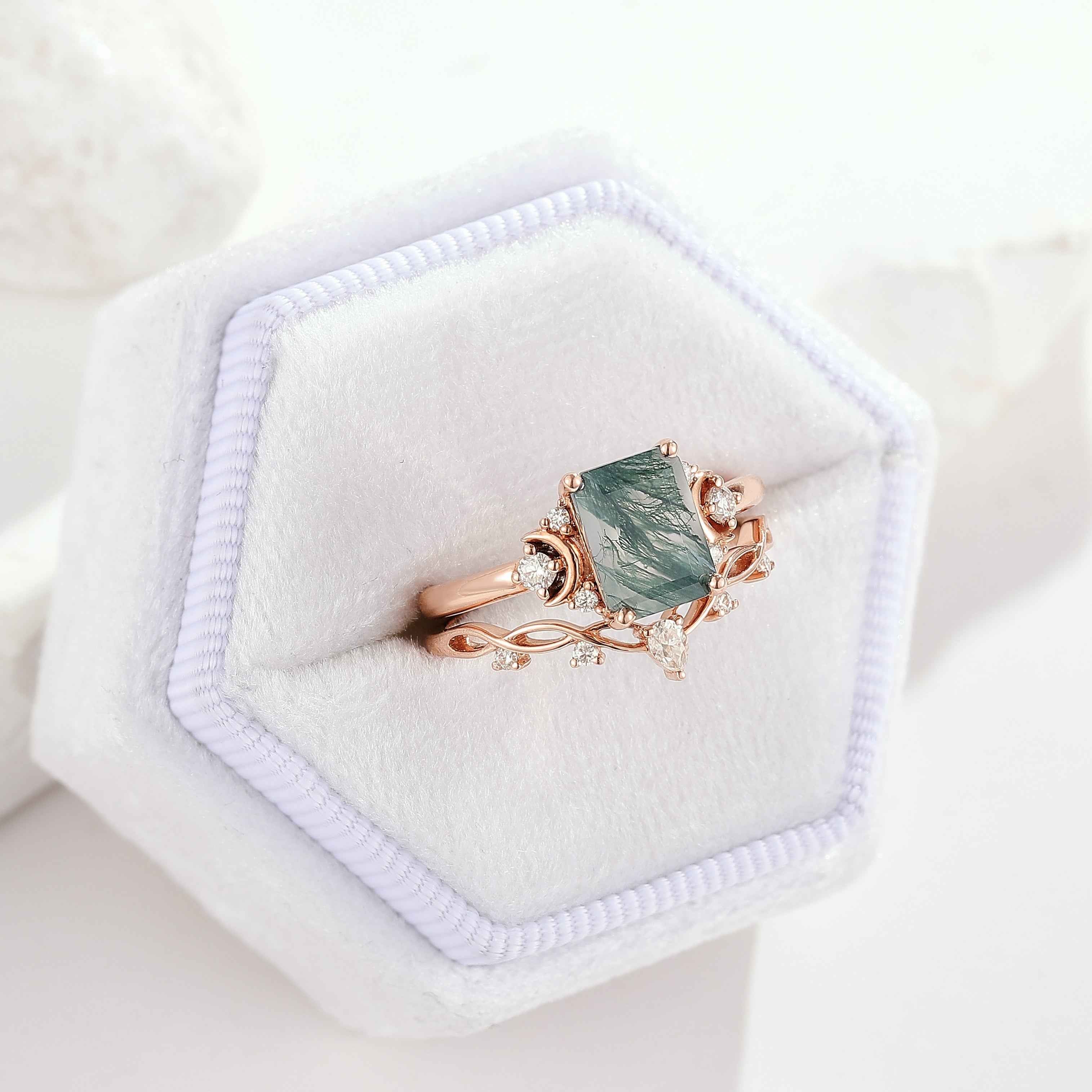 Nature Inspired Emerald Cut Moss Agate Engagement Ring Set With Moon Shaped