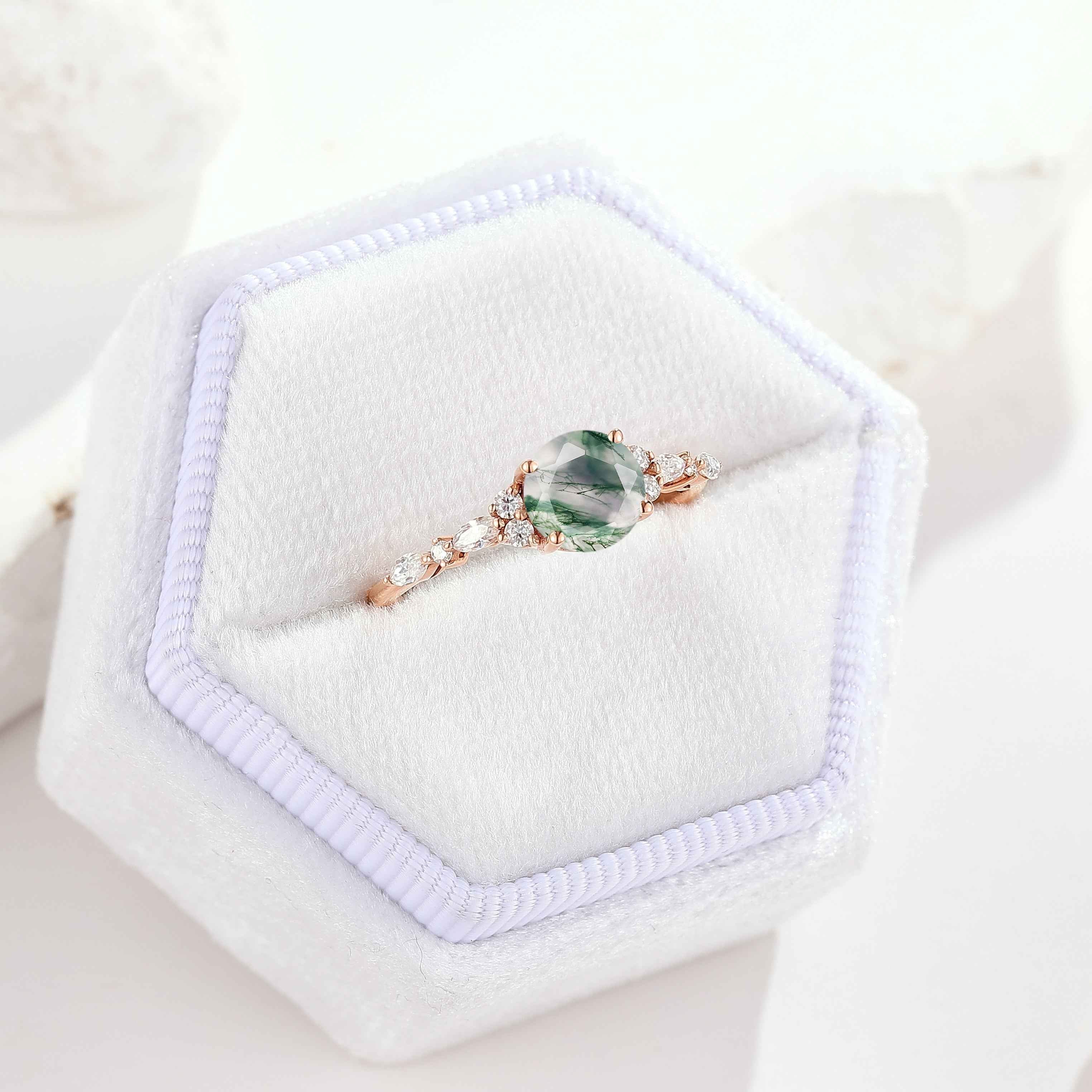 Unique Round Moss Agate Engagement Ring Handmade Ring
