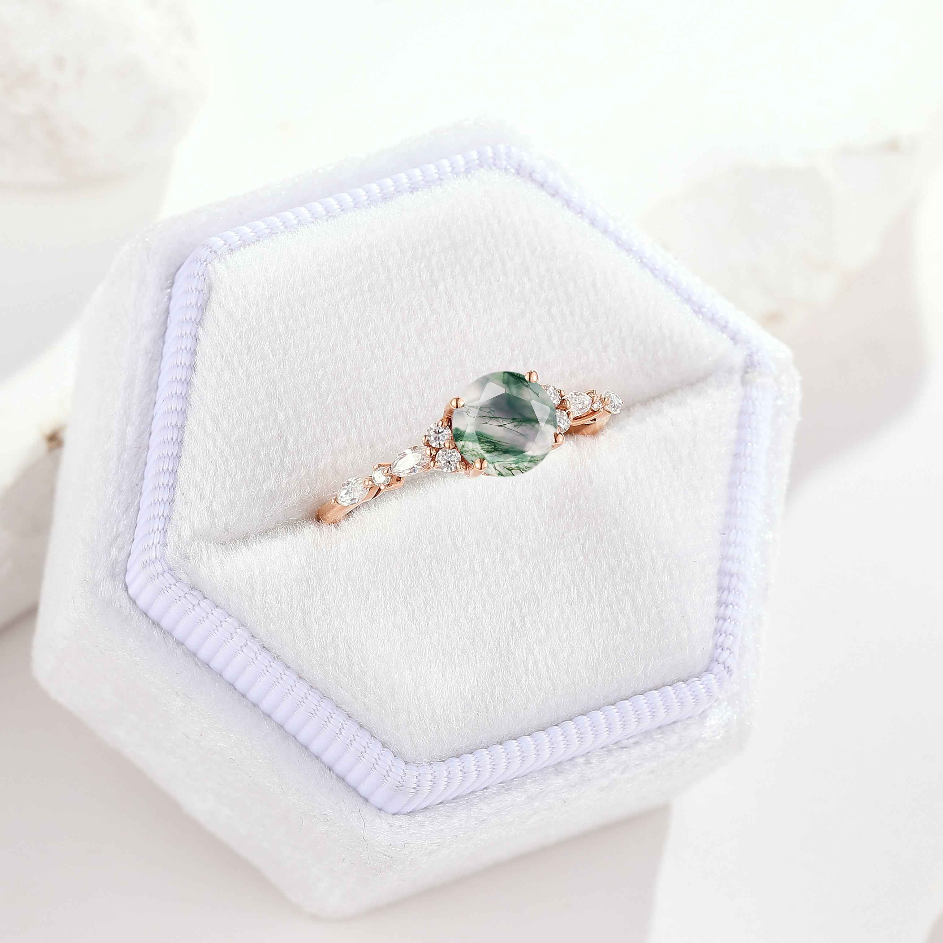 Unique Round Moss Agate Engagement Ring Handmade Ring