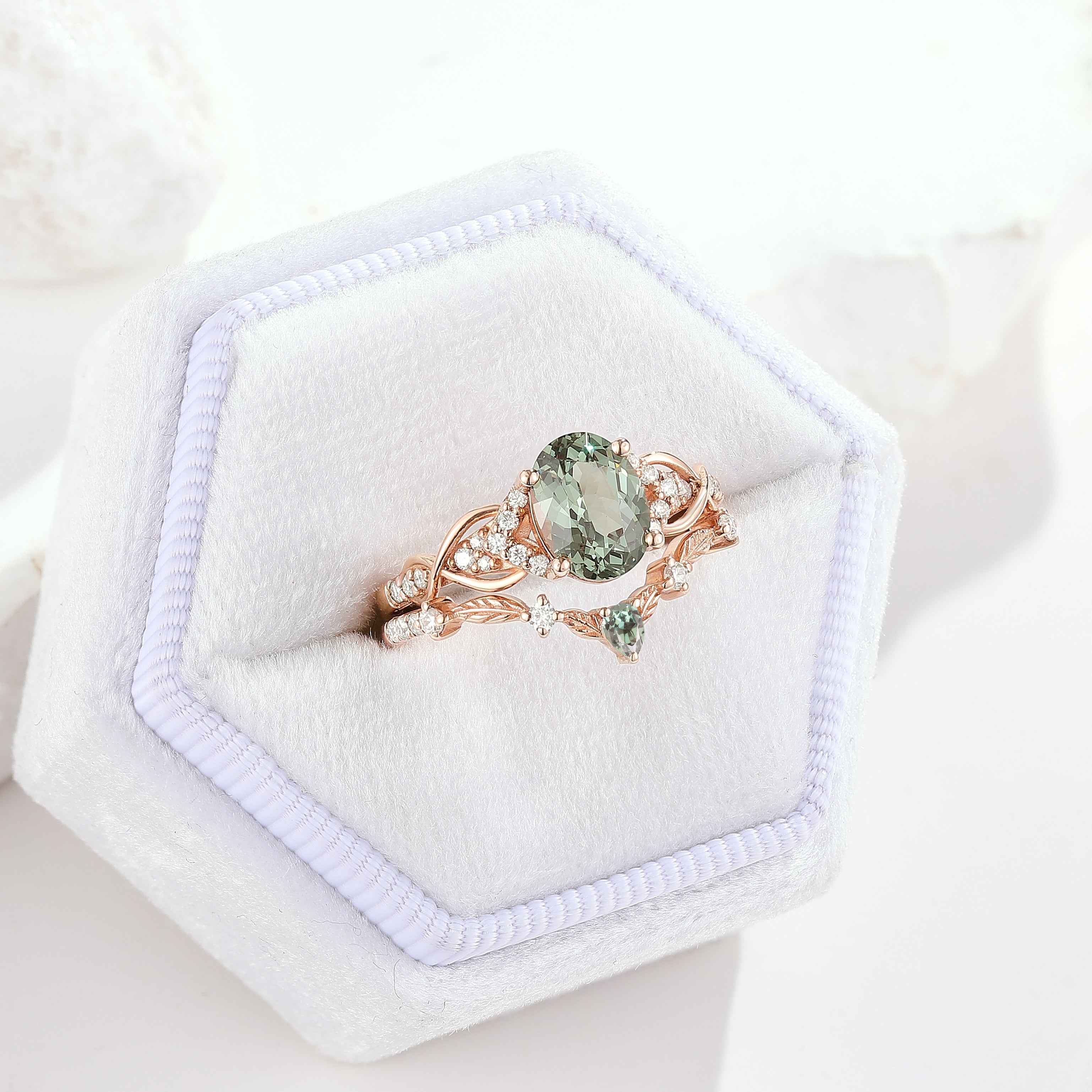 Unique Oval Cut Green Sapphire Engagement Ring Set Leafy Wedding Band