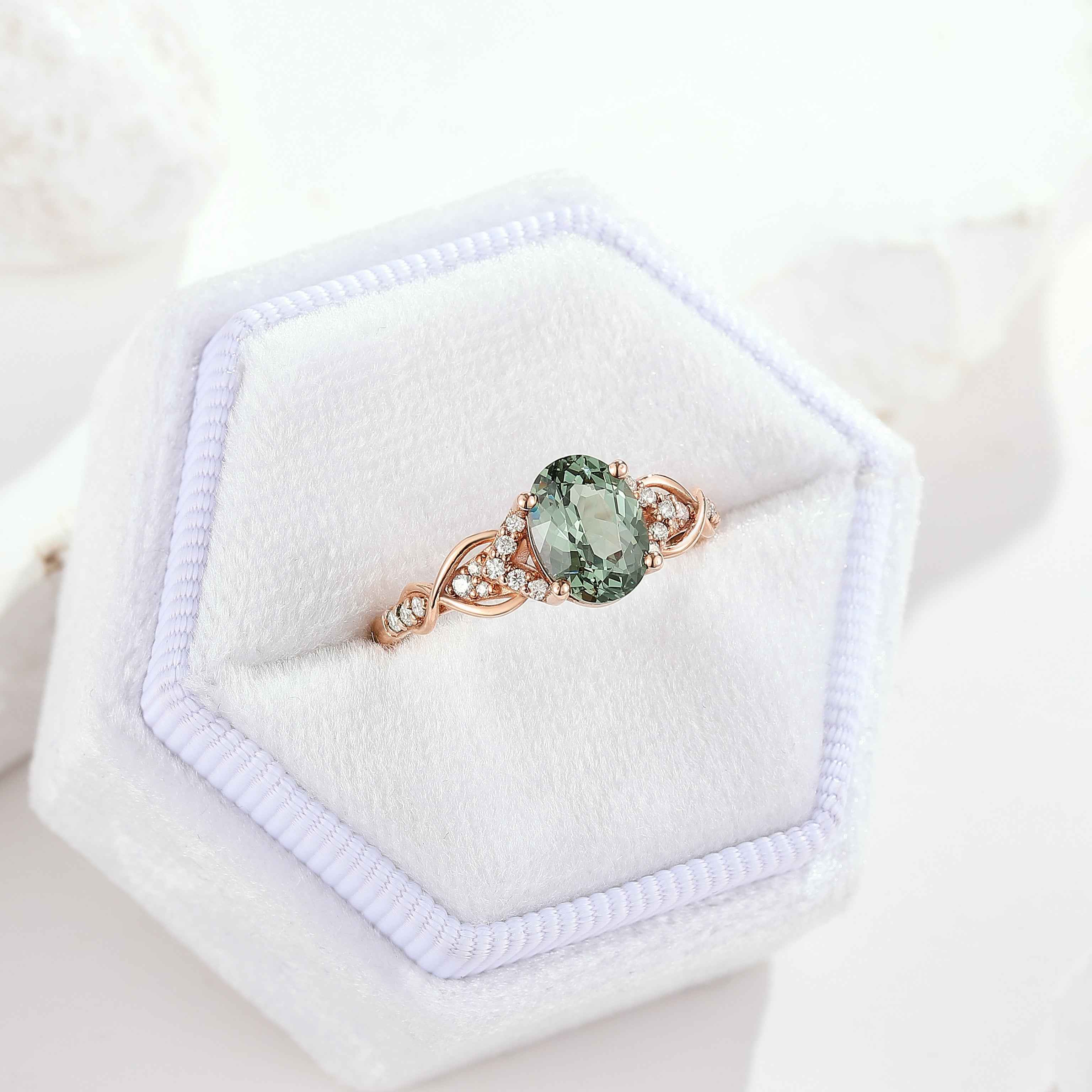 Nature Inspired Oval Cut Green Sapphire Engagement Ring